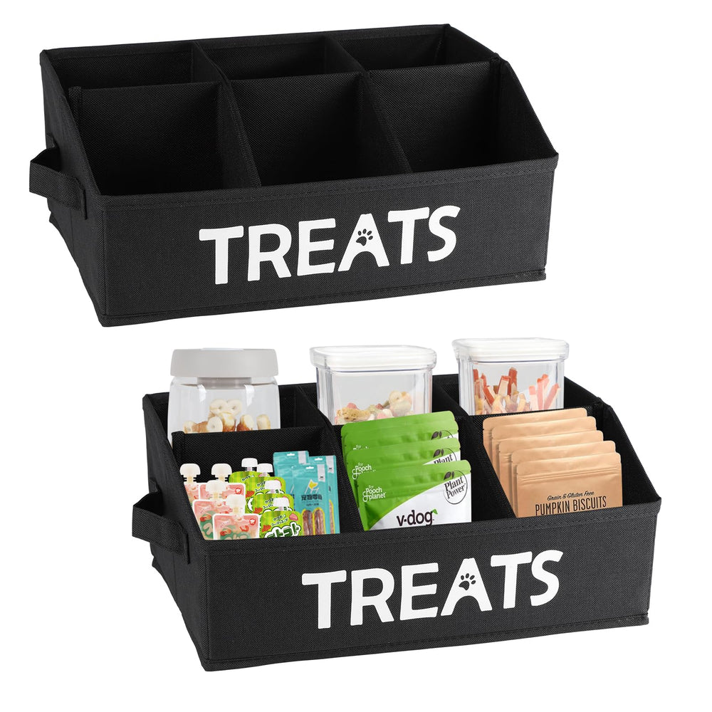 Brabtod dog treat bin 2-pack with dividers keeps snacks organized and accessible.