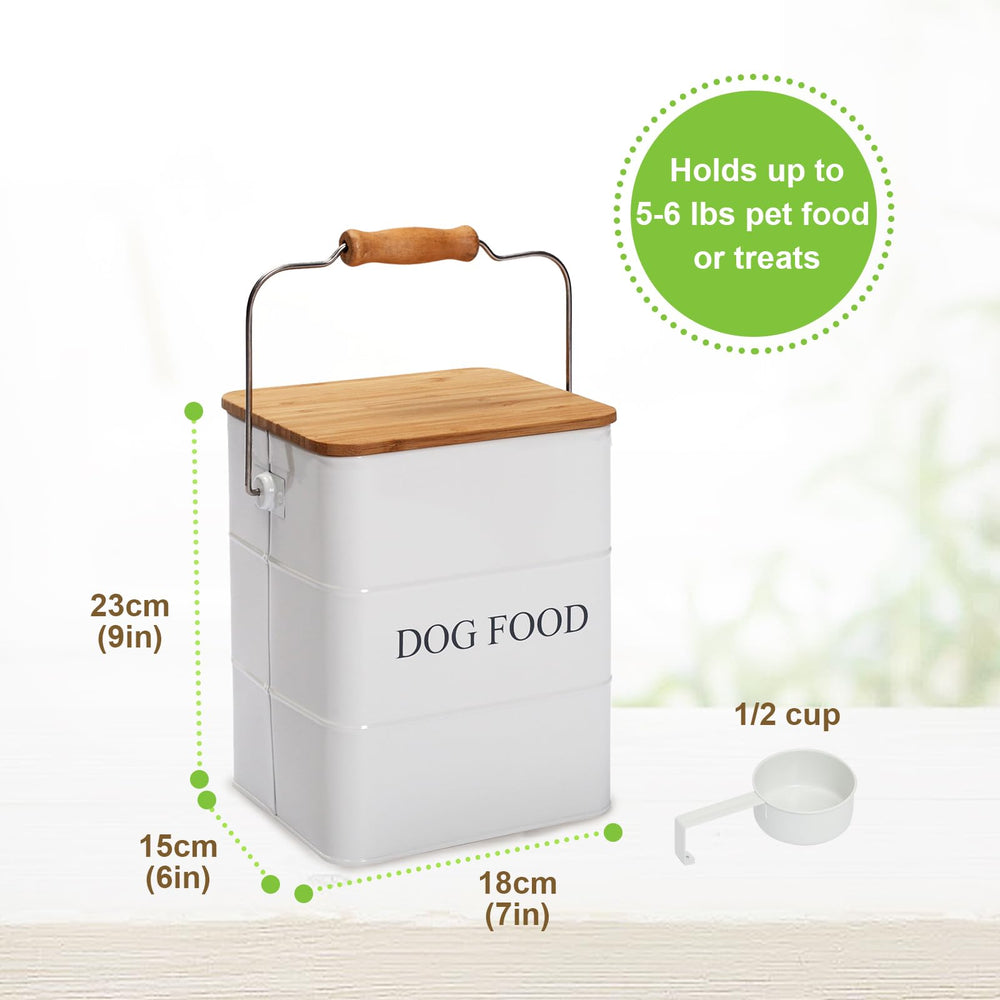Brabtod enamel-finish container displays embossed DOG FOOD relief for style