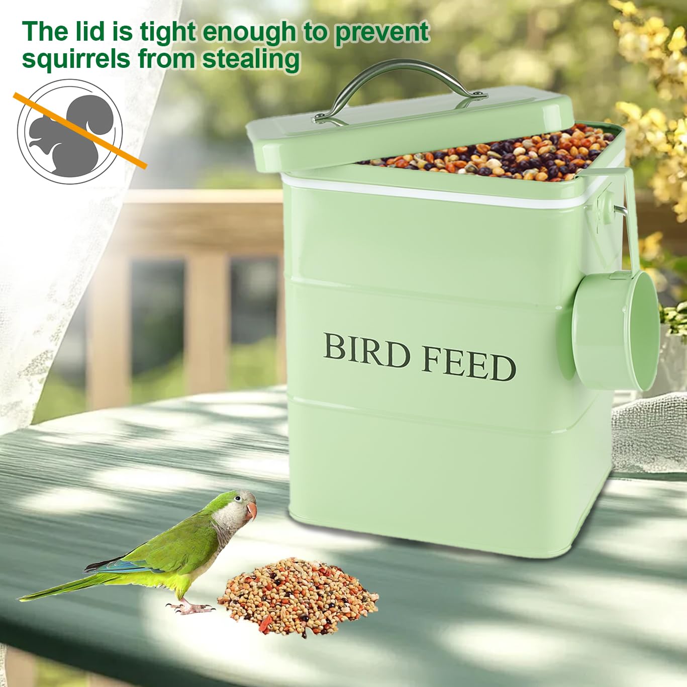 Brabtod included scoop makes quick, mess-free refilling of feeders.