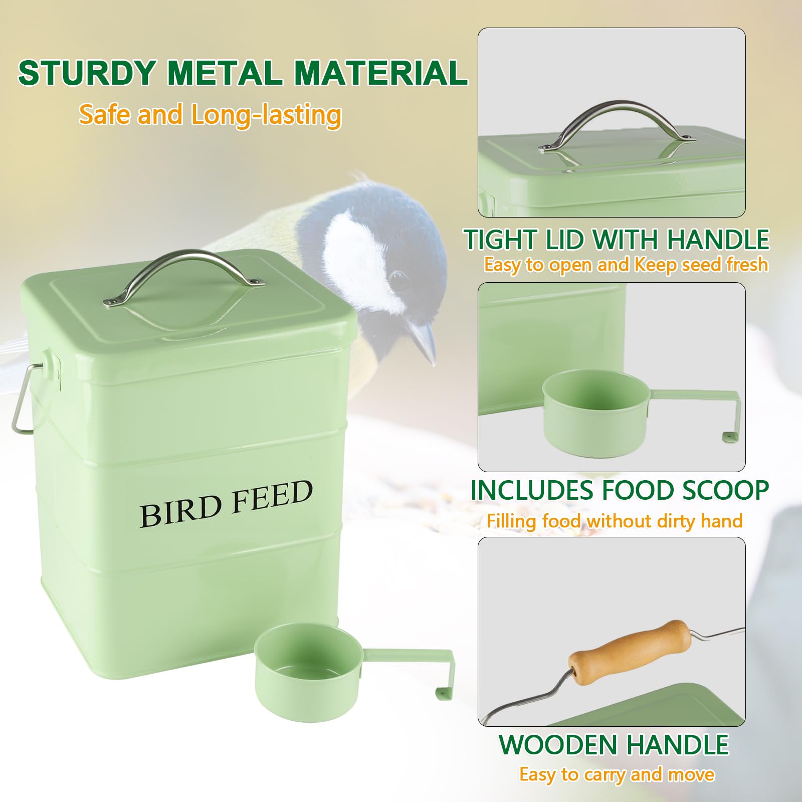 Brabtod metal bird seed tin features a rust-resistant outer for outdoor use.