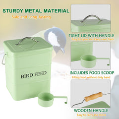 Brabtod metal bird seed tin features a rust-resistant outer for outdoor use.