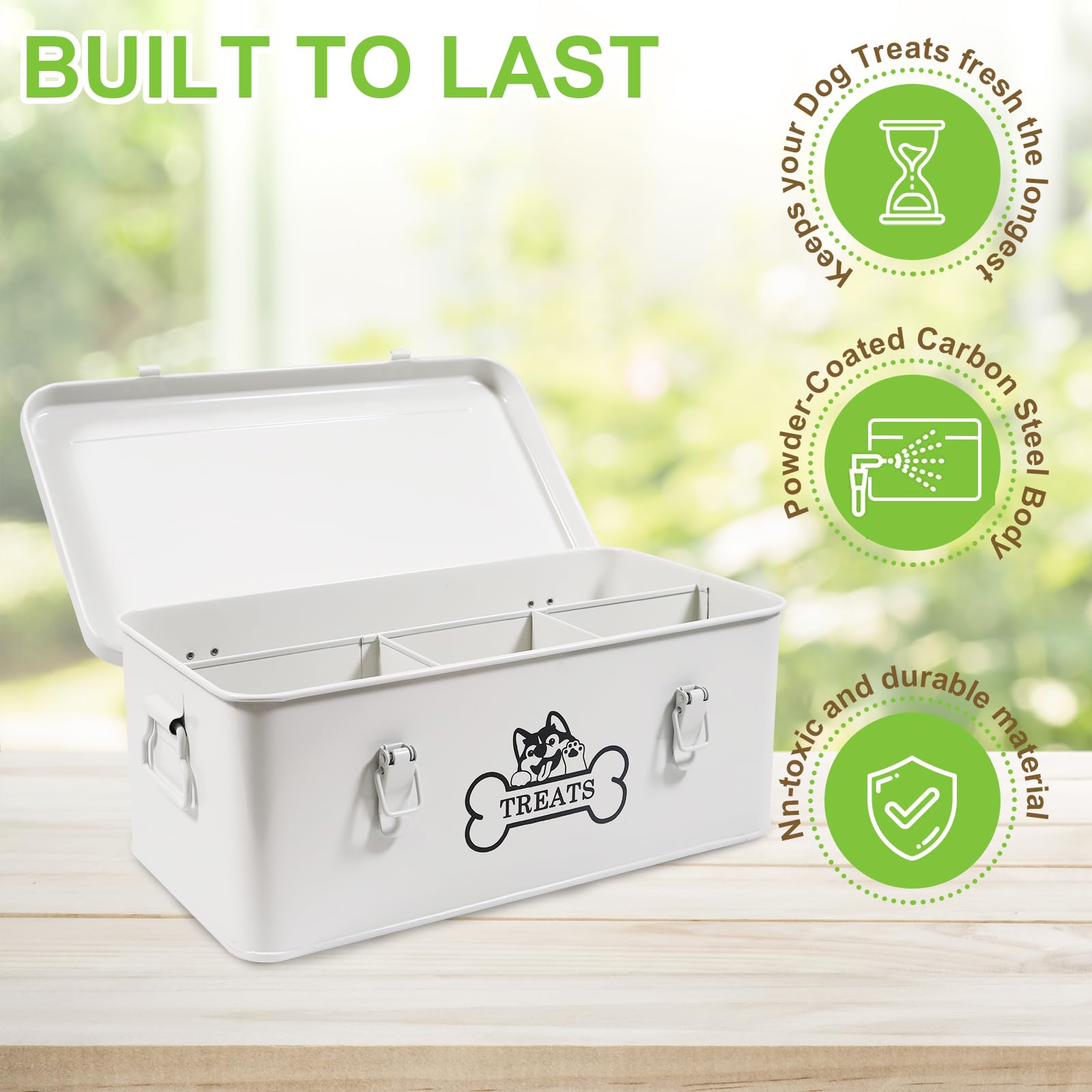 Brabtod metal dog treat container compartments shows four sections for organized bagged snacks.