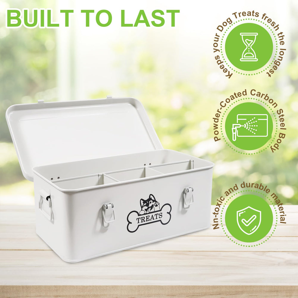 Brabtod metal dog treat container compartments shows four sections for organized bagged snacks.