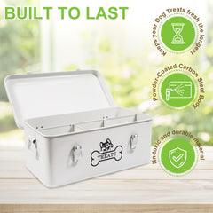 Brabtod metal dog treat container compartments shows four sections for organized bagged snacks.