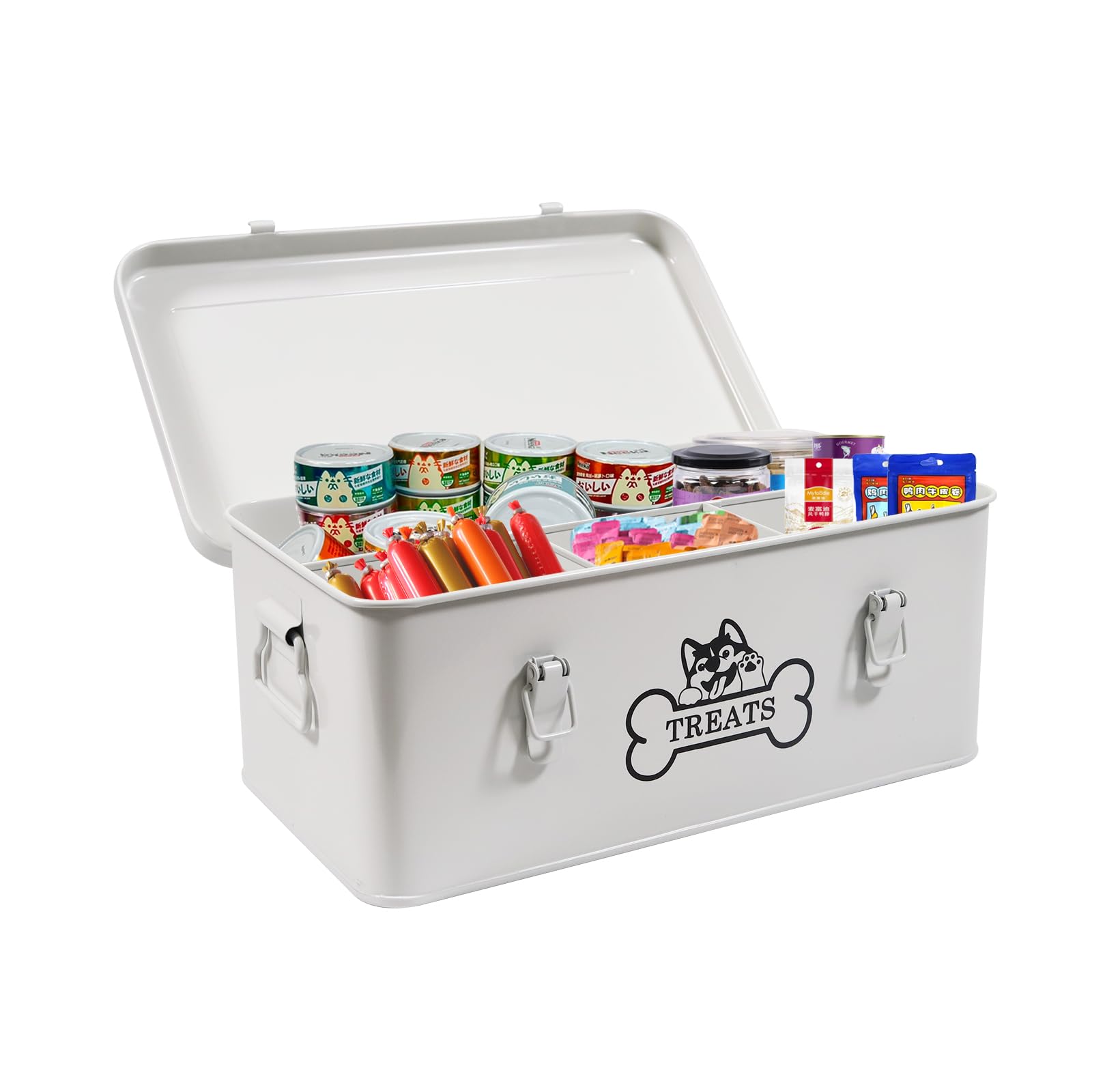 Brabtod metal dog treat container with lid keeps snacks neatly stored and easily accessible.