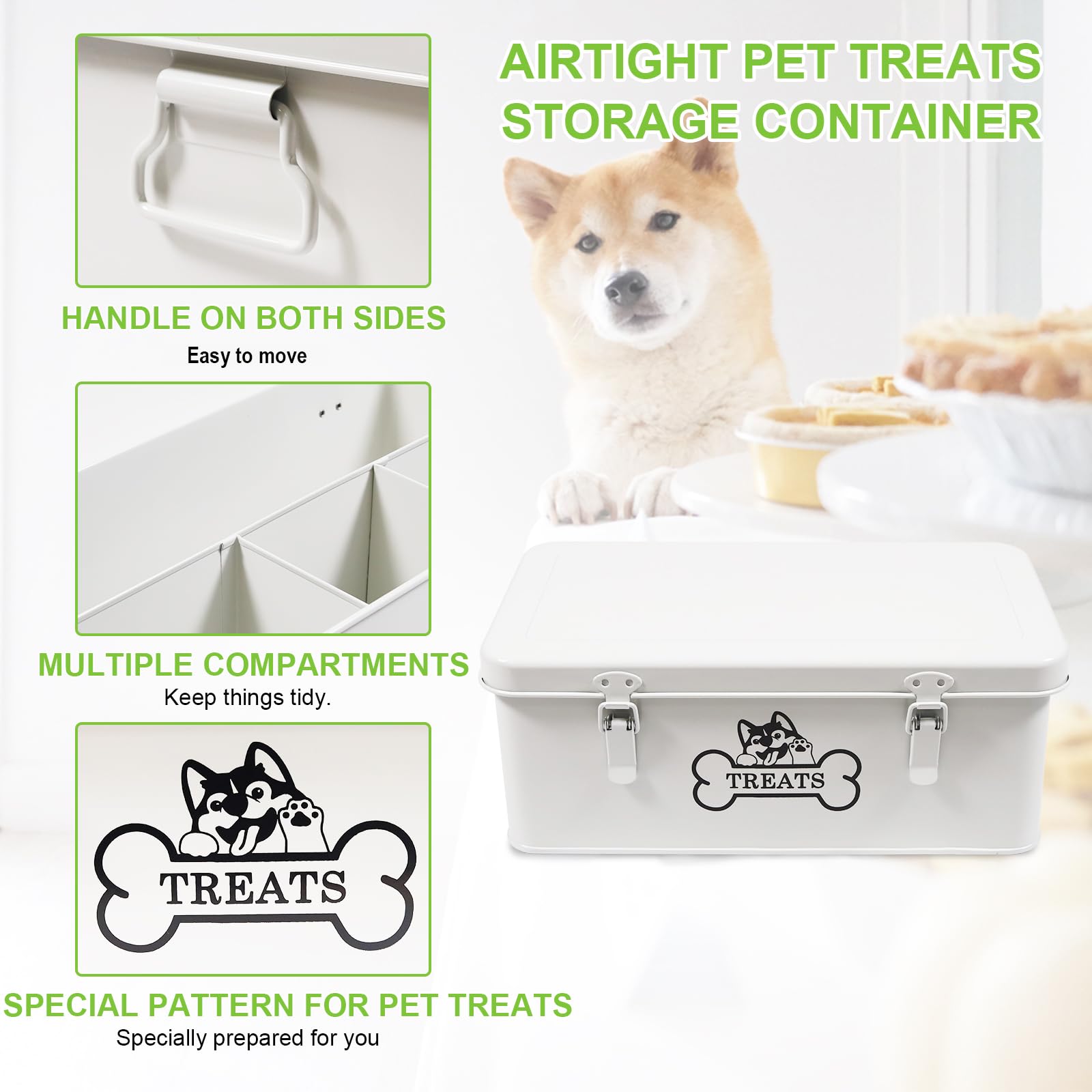 Brabtod white farmhouse treat bin complements decor while keeping dry food fresh.