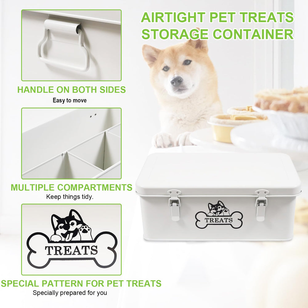 Brabtod white farmhouse treat bin complements decor while keeping dry food fresh.