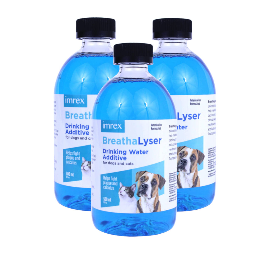 BREATHALYSER 3PACK bottle front shows easy-dose water additive for cleaner pet breath