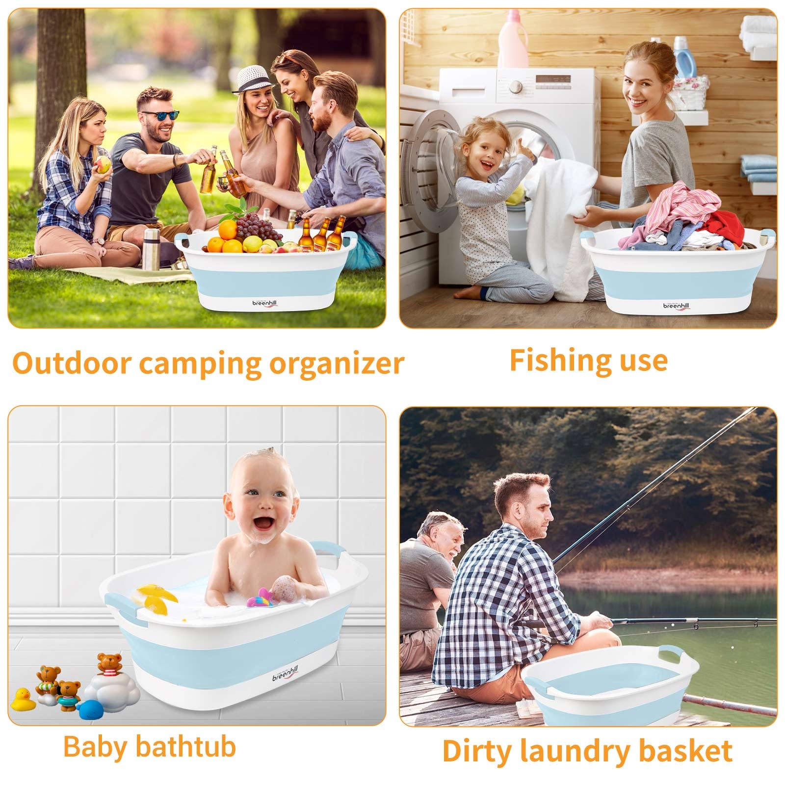 BREENHILL blue collapsible tub with non-slip handle for safe transport