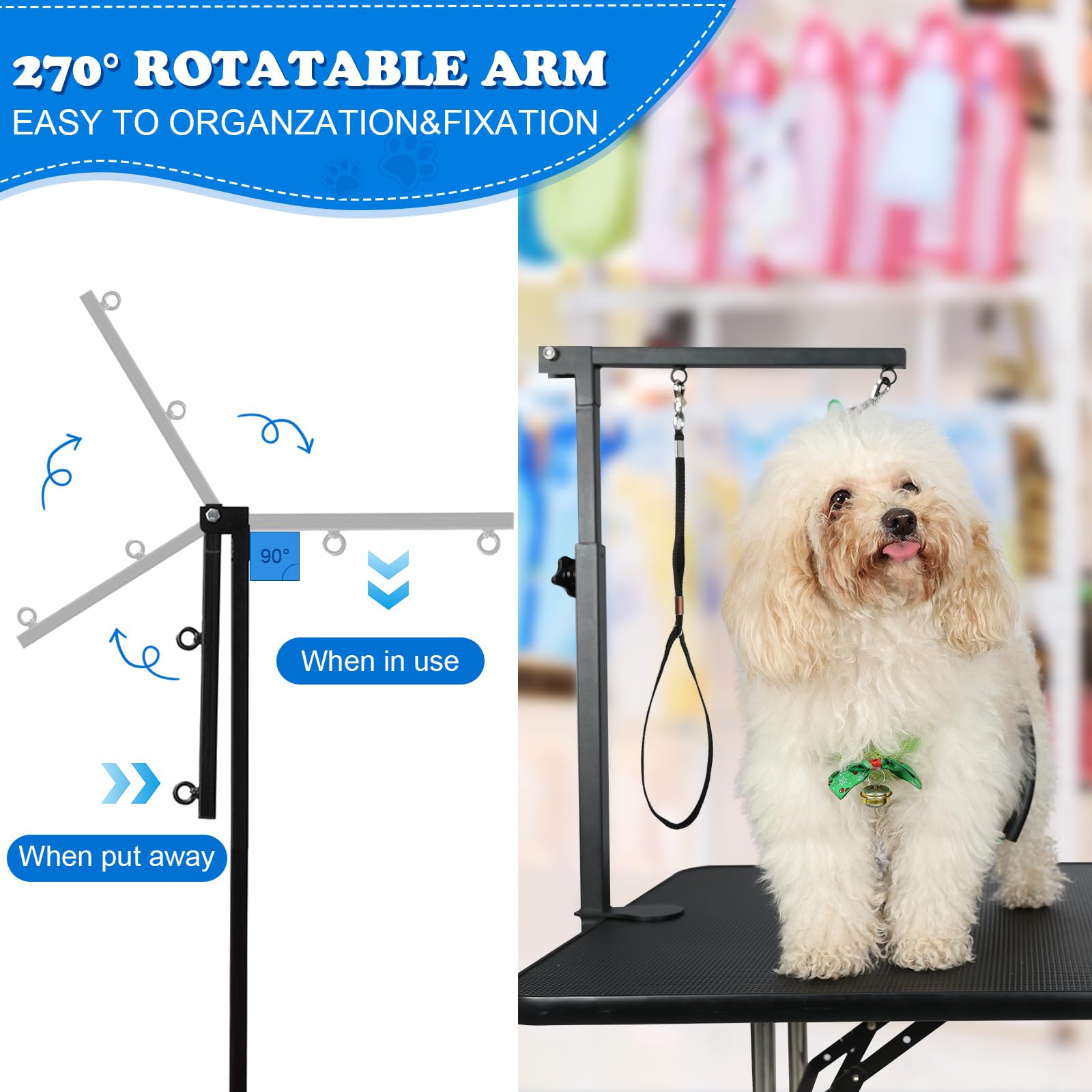 Breeze Touch dog grooming arm clamp provides secure setup for steady trimming.