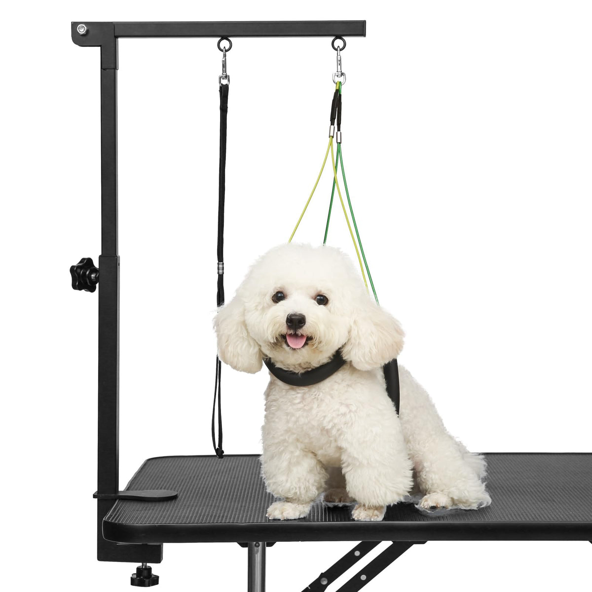 Breeze Touch dog grooming arm extend shows adjustable height for comfortable home grooming.