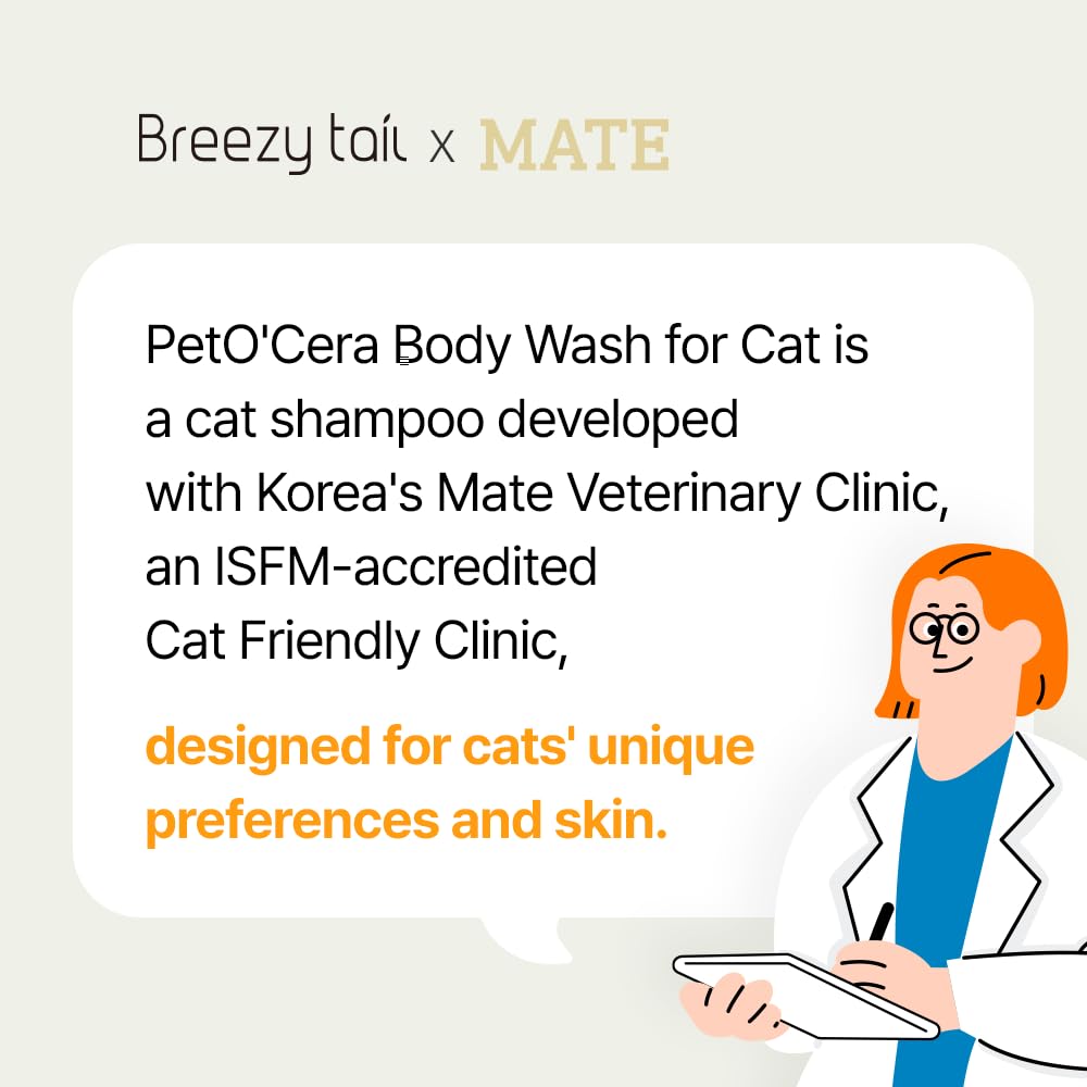Breezytail PetO’Cera lather on cat—rich foam gently cleanses without stripping.