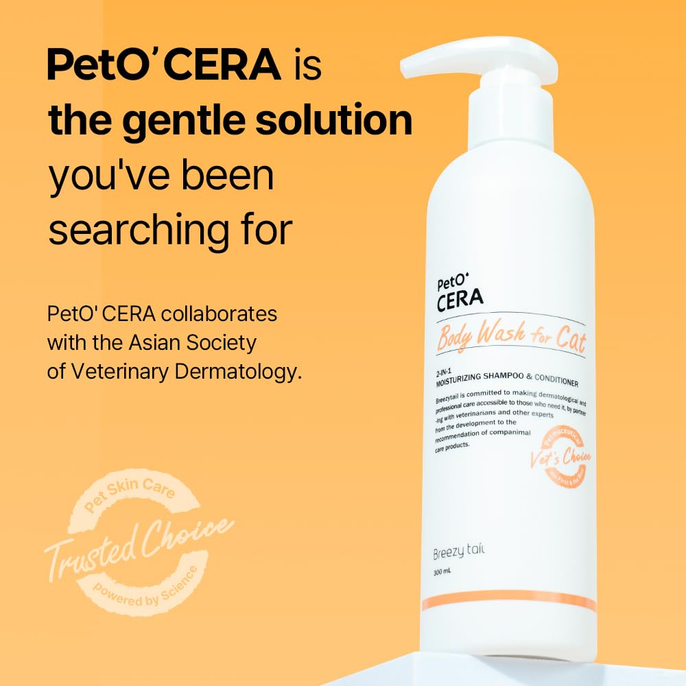 Breezytail PetO’Cera tear-free pH-balanced—kind on sensitive skin and eyes.
