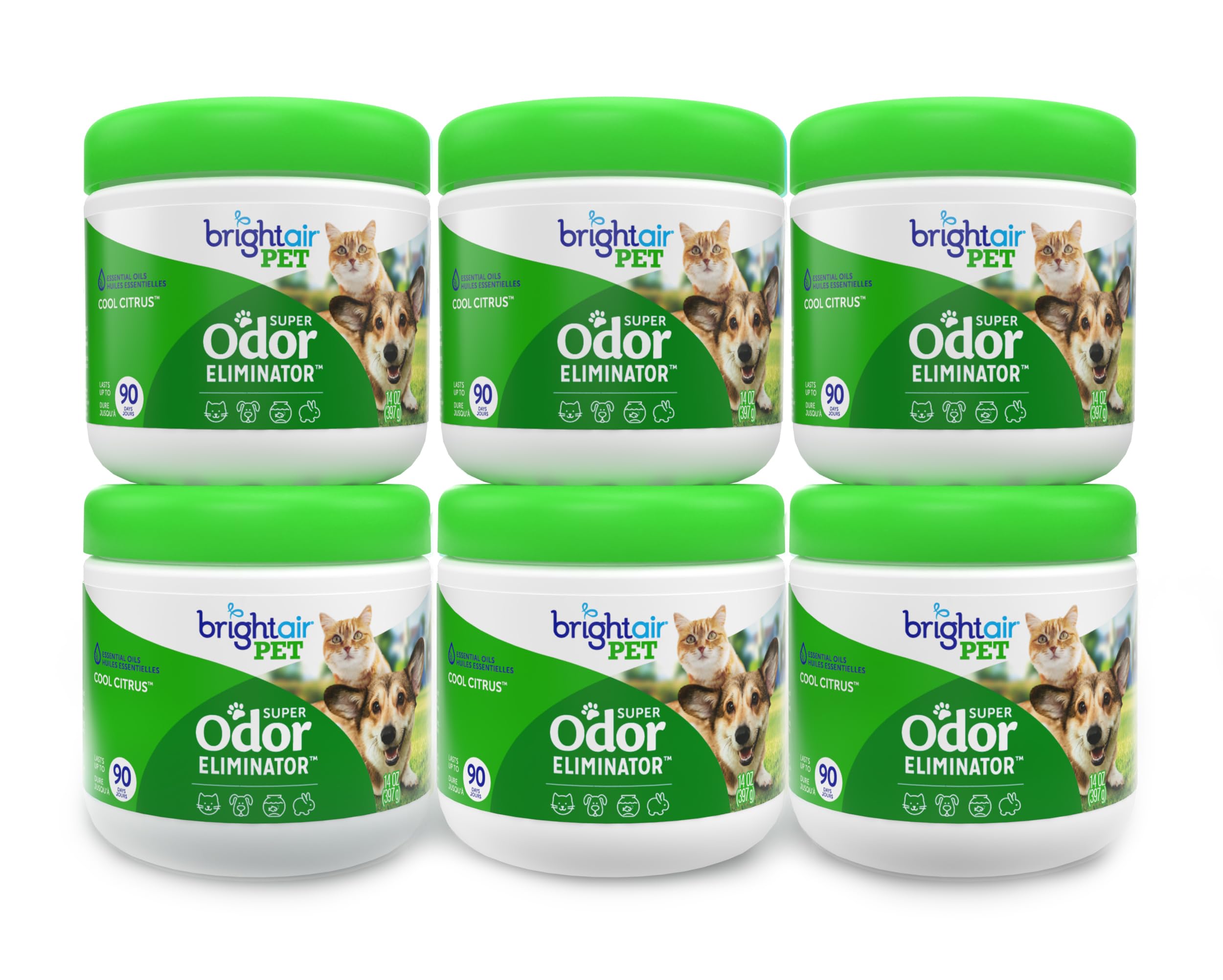 Bright Air 14oz odor eliminator jar front shows long-lasting freshness for mid-size rooms