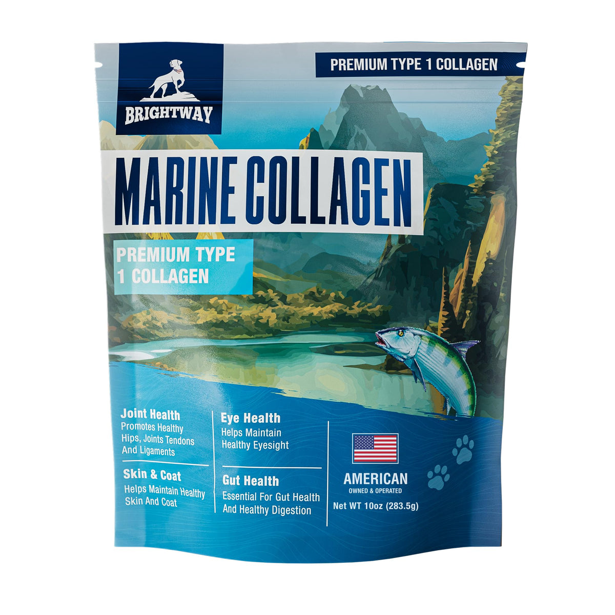 Brightway Pets Wild Caught Marine Collagen bottle for daily joint and coat support.