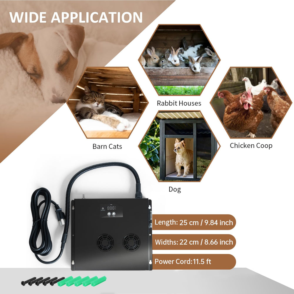Briidea dog house heater in-use in a coop or den keeps pets warm.