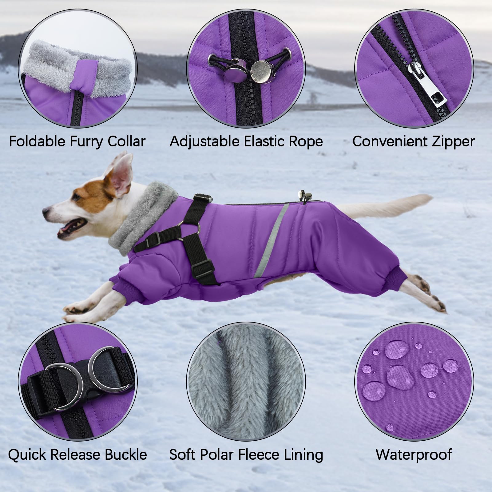 BRKURLEG Purple Dog Coat inner-soft-fleece highlights extra warmth on cold days.