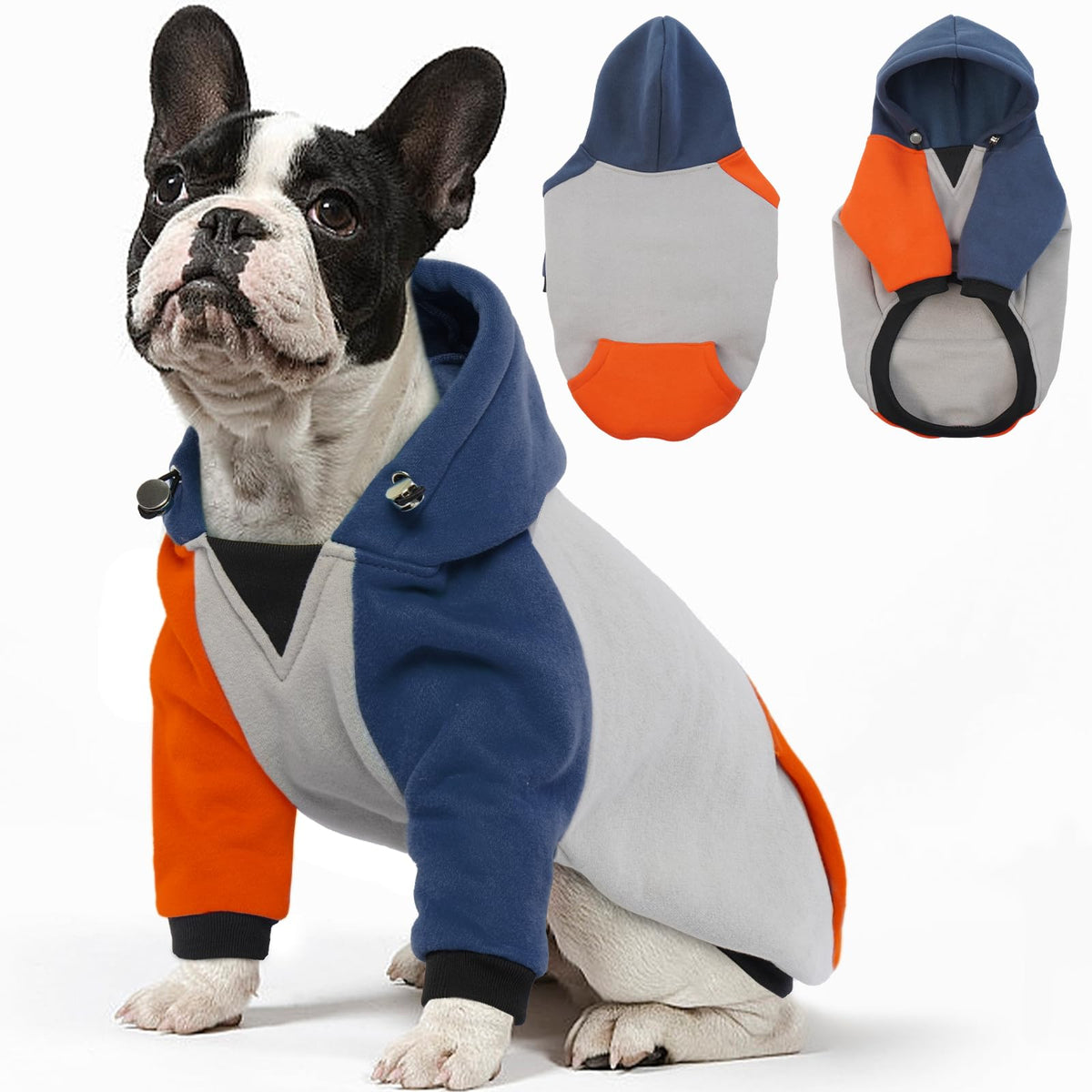 BRKURLEG dog hoodie blueorange front view showing warm, cozy fit
