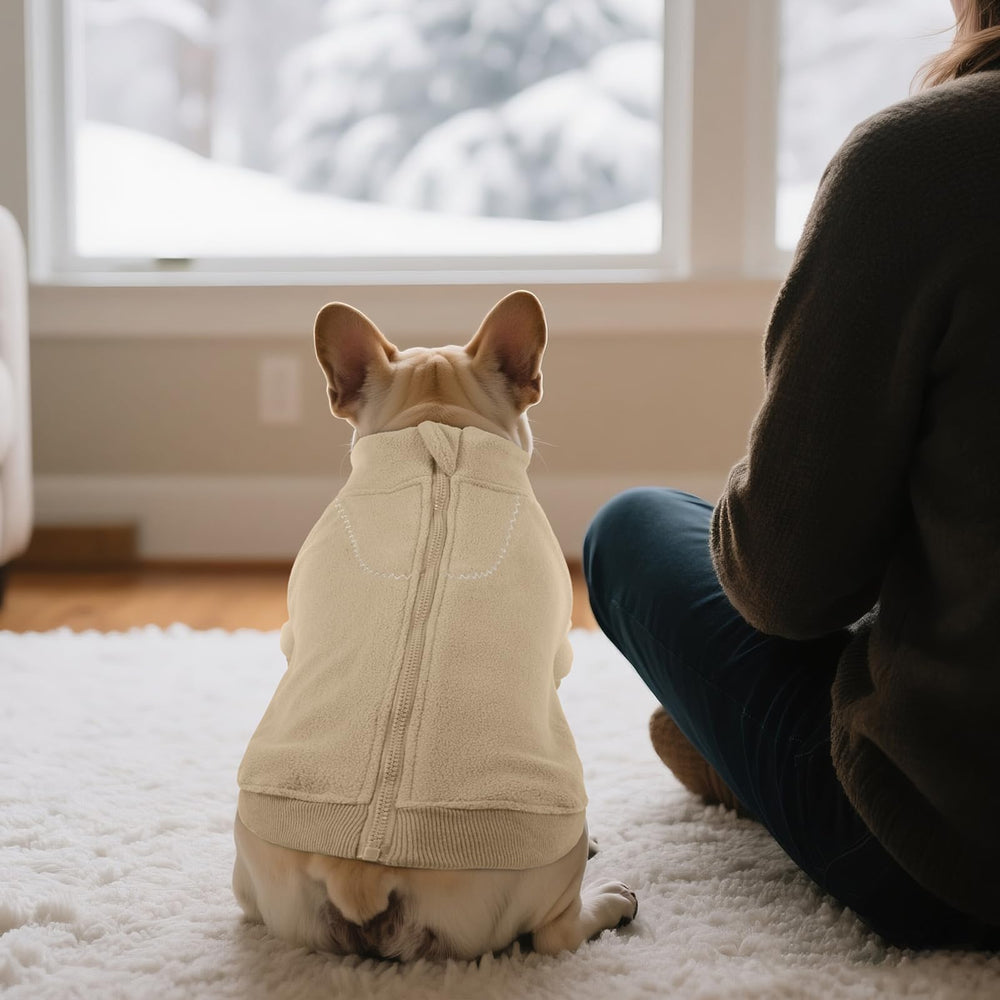 BRKURLEG fleece dog sweater texture close-up emphasizes soft feel and warmth indoors and outdoors.