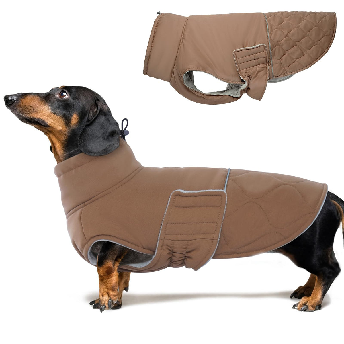 BRKURLEG dog winter coat front view highlights warm inner lining for cold-weather walks