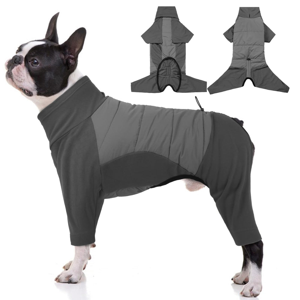 BRKURLEG full body dog winter coat grey L front view highlights full coverage warmth