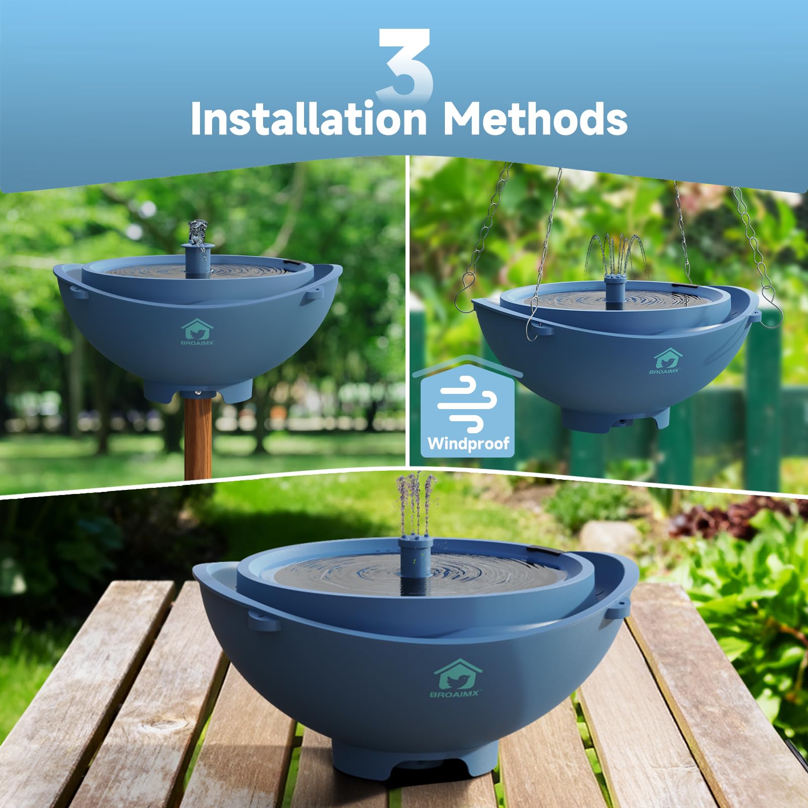 BROAIMX deep blue fountain depth design demonstrates safe water edges for small birds.