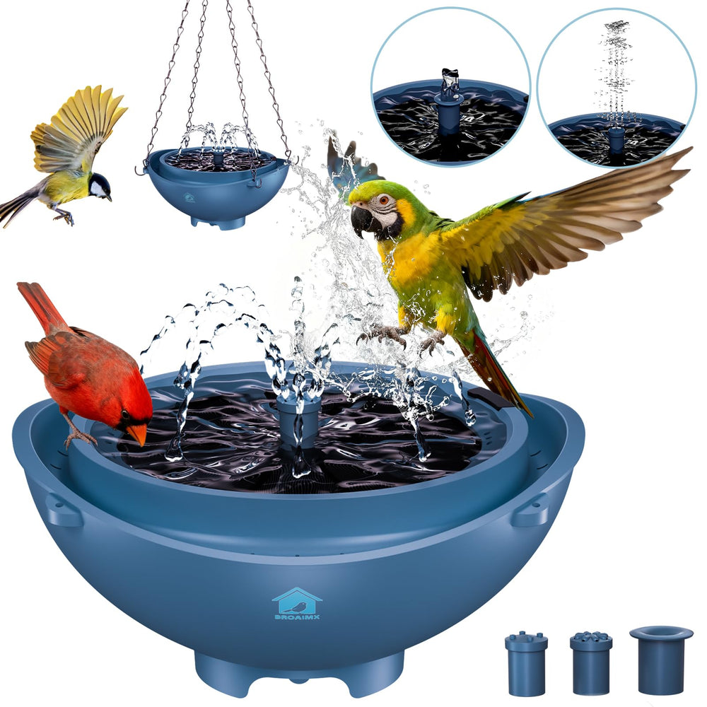 BROAIMX solar-powered bird bath fountain in deep blue with dual power mode for year-round use.