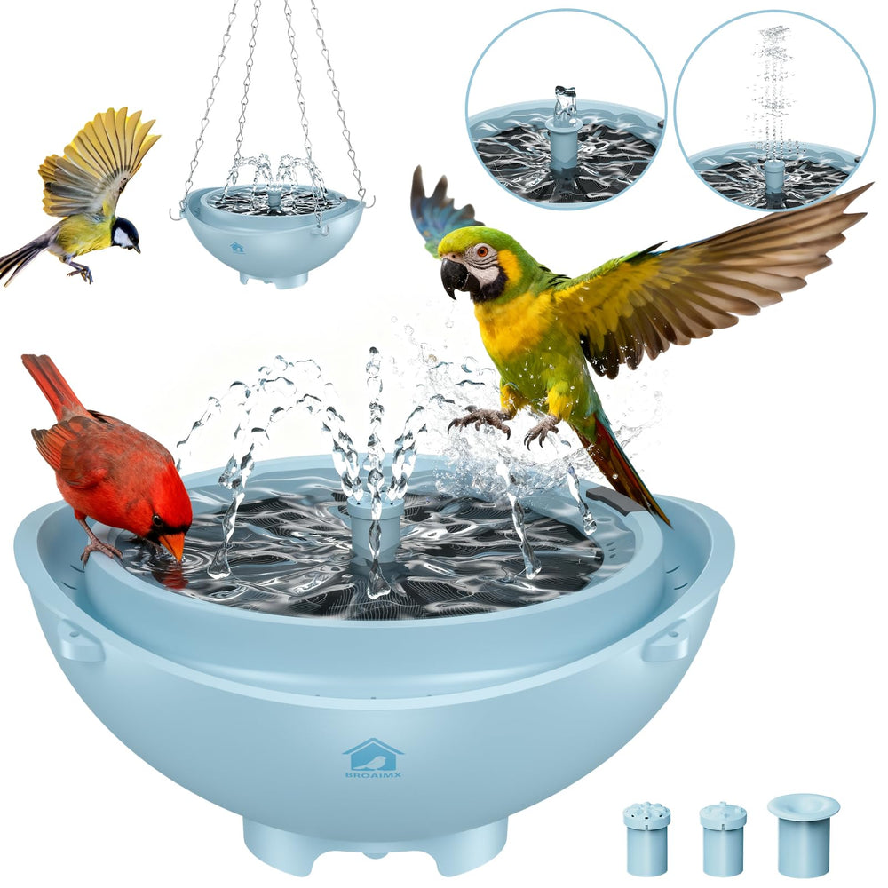 BROAIMX solar-powered bird bath fountain in a garden showing wireless operation for birds