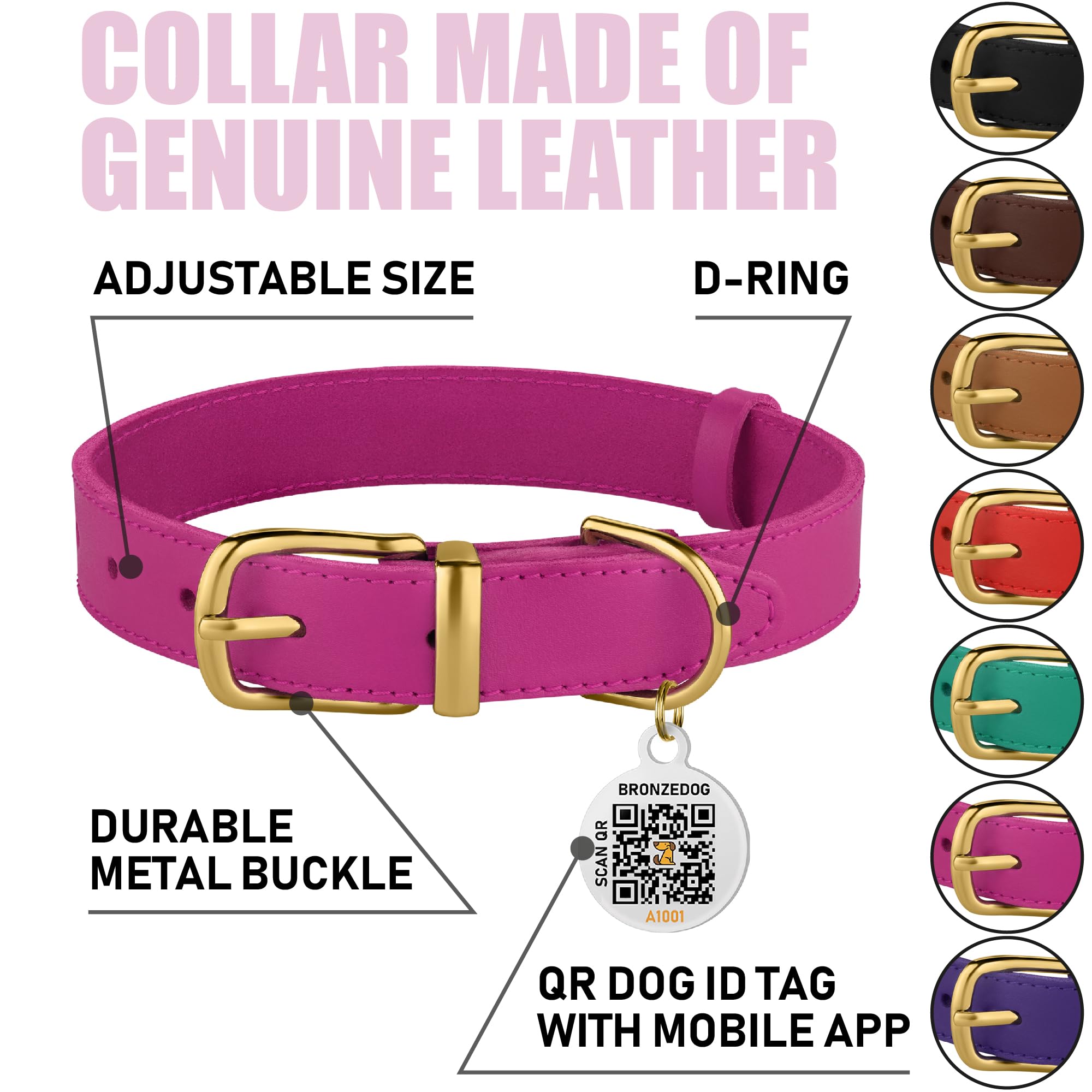 Close-up of genuine leather texture and metal hardware on a BRONZEDOG collar