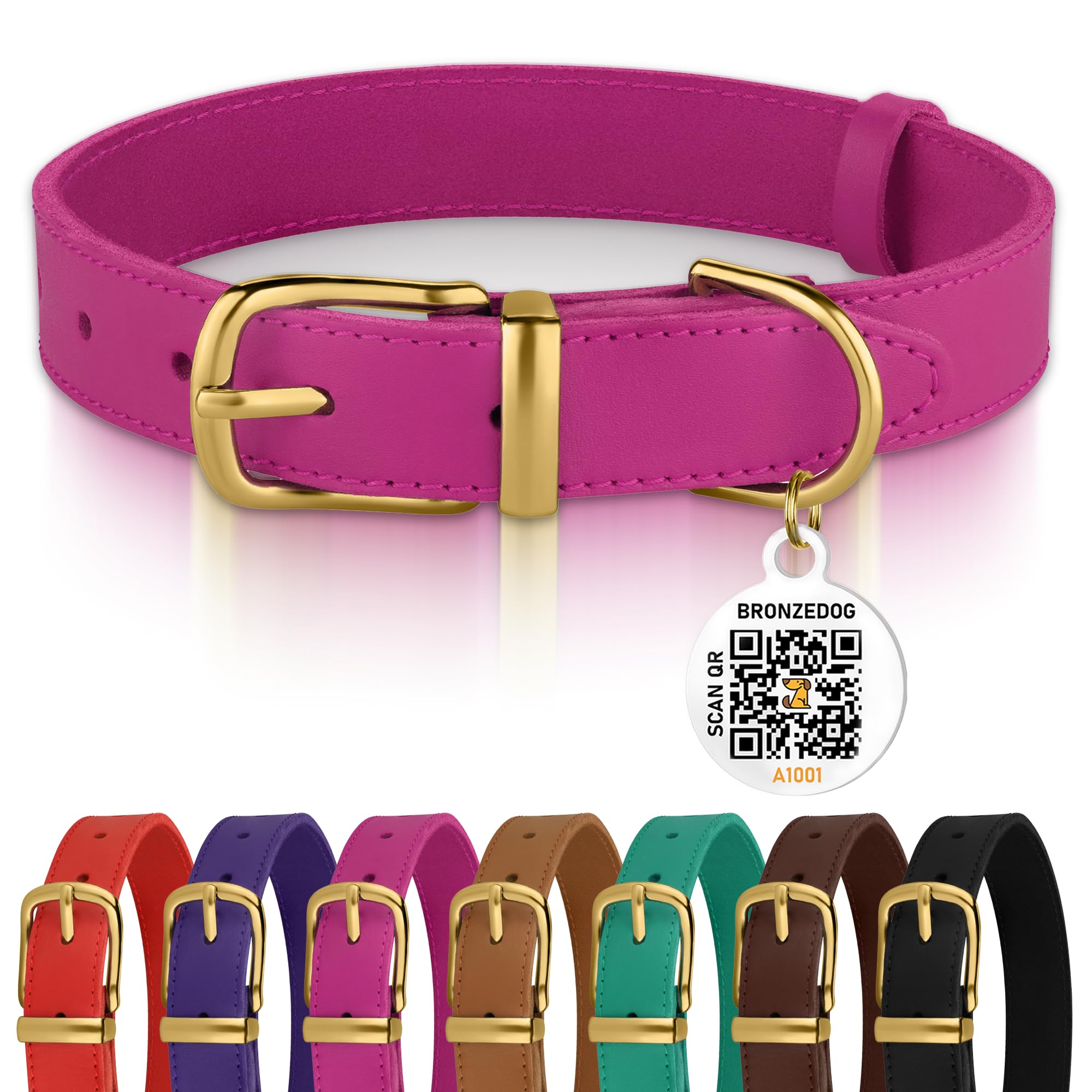 BRONZEDOG leather dog collar with pink gold buckle for durable daily wear