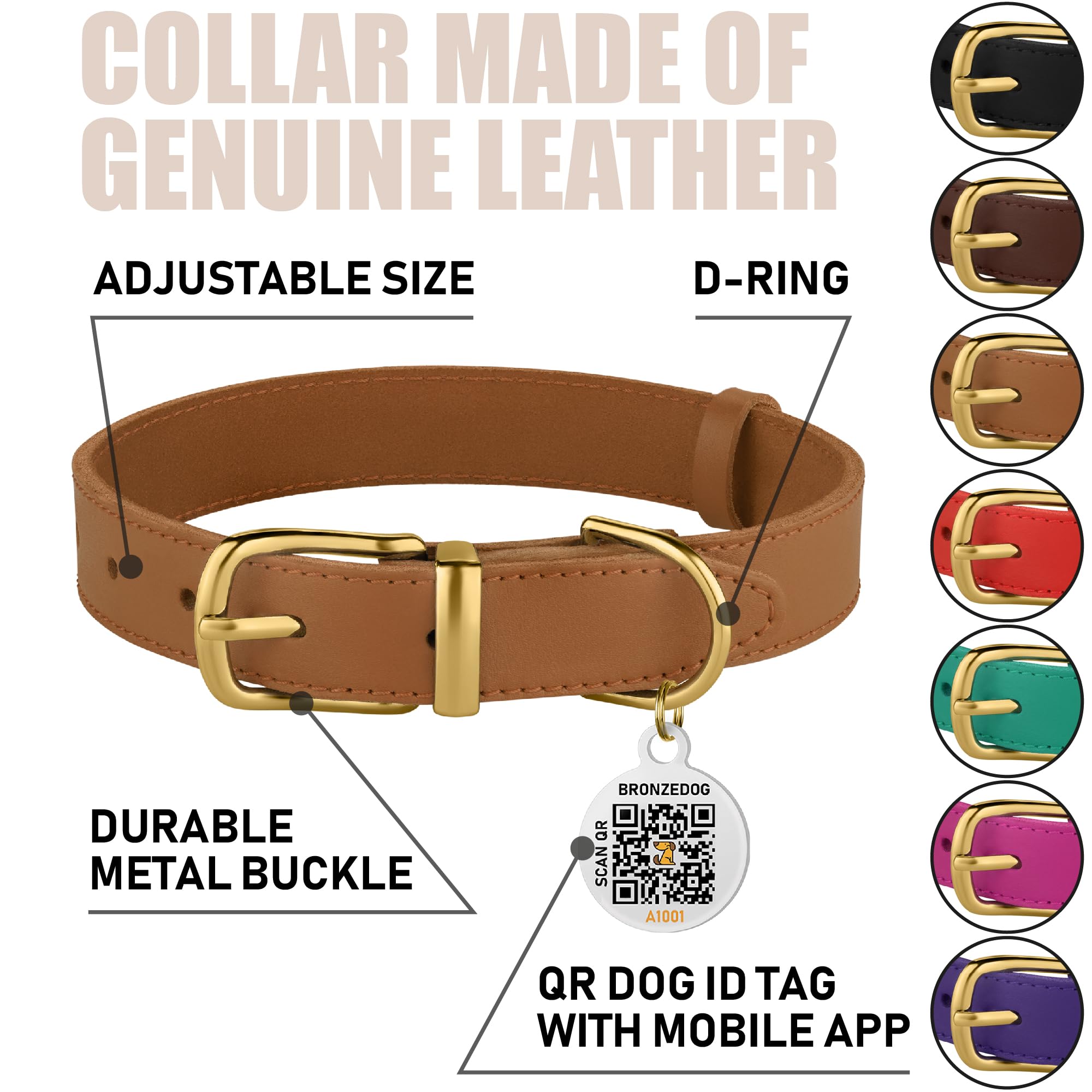 BRONZEDOG red leather collar with buckle supports quick ID access and style.