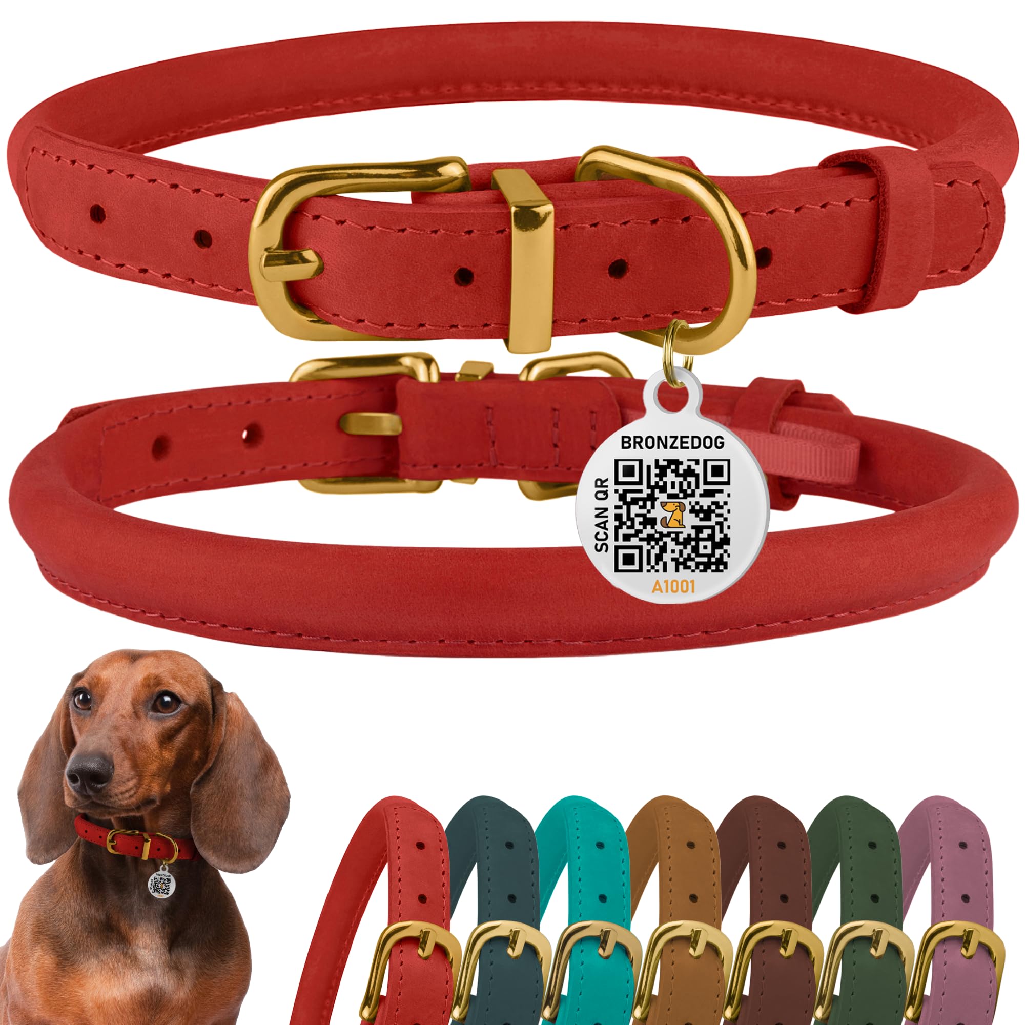 BronzeDog rolled leather collar closeup shows durable Crazy Horse leather and wax finish.
