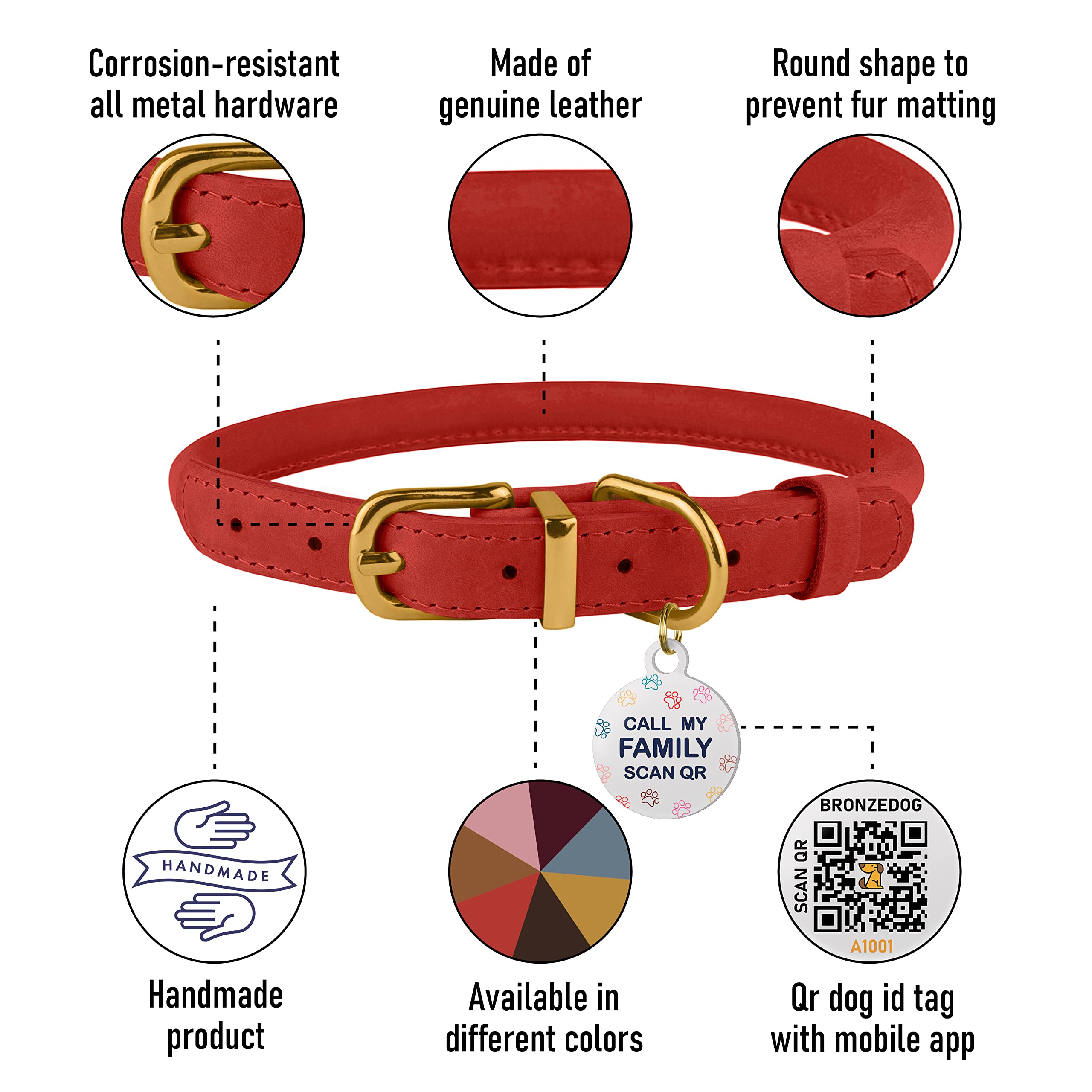 BronzeDog rolled leather collar with QR tag for quick digital ID on walks.
