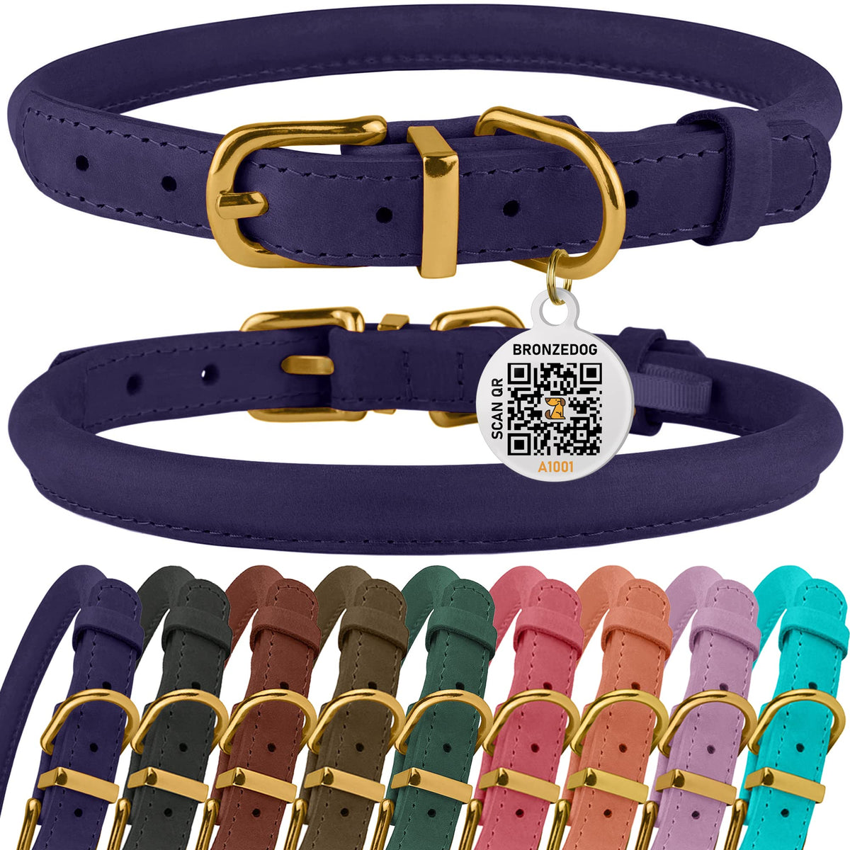 BronzeDog rolled leather collar violet closeup highlighting durable wax finish for lasting wear.