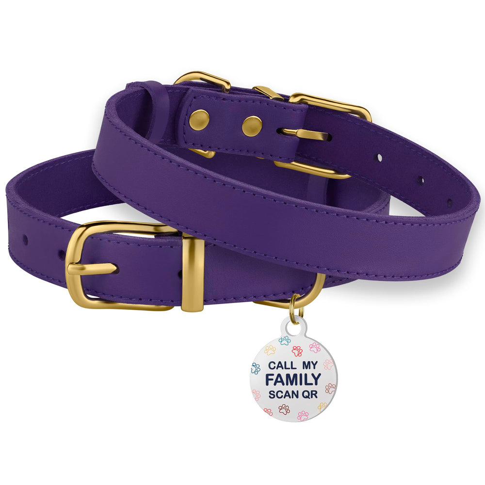 BRONZEDOG collar de cuero, contraste morado y dorado, estilo elegante para paseos.