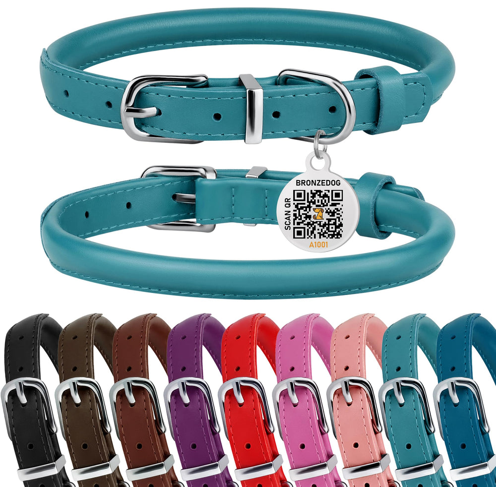 BRONZEDOG collar cuero enrollado azul verdoso, vista frontal, cómodo y duradero.