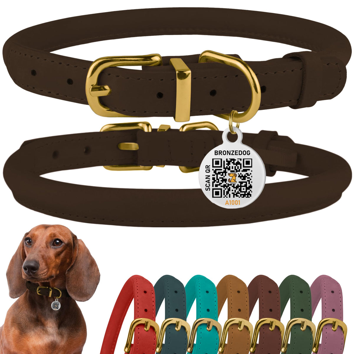 BRONZEDOG collar de cuero enrollado en cognac, cómodo y duradero para paseos diarios.