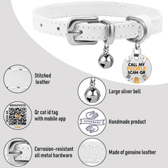 BRONZEDOG collar de cuero para gato con etiqueta QR, facilita identificar y devolver a casa.
