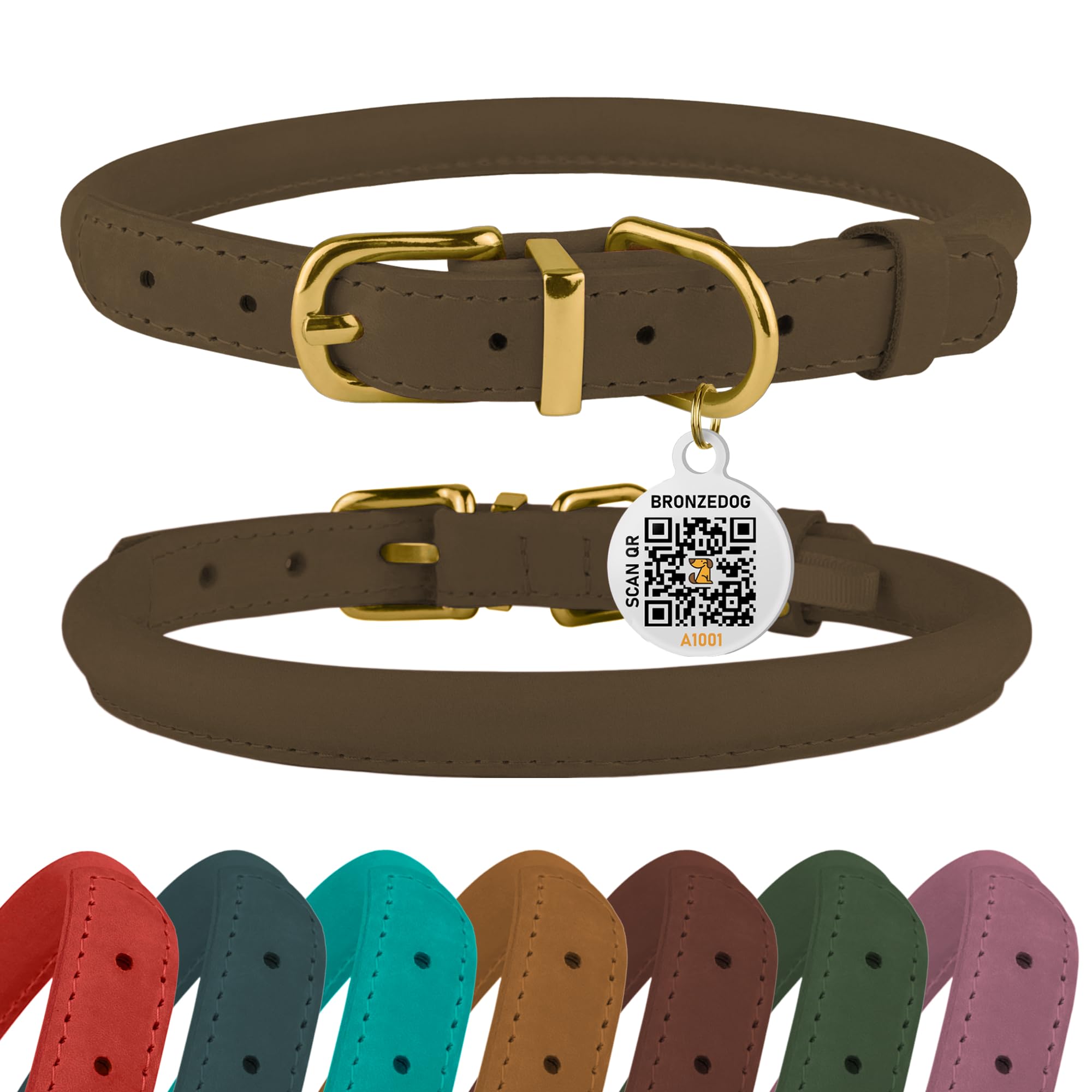 BronzeDog collar cuero rodado marrón nuez, textura suave y duradera para uso diario