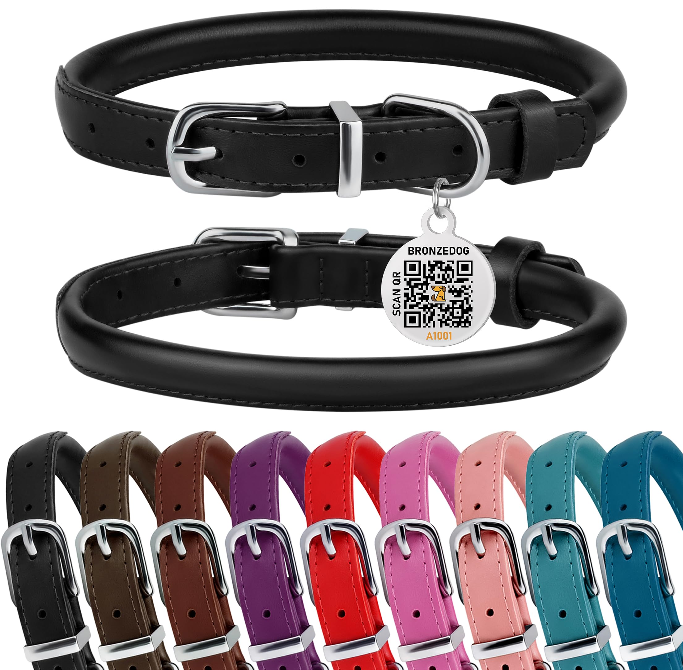 BRONZEDOG collar de cuero rodado para cuello XS, cómodo y seguro