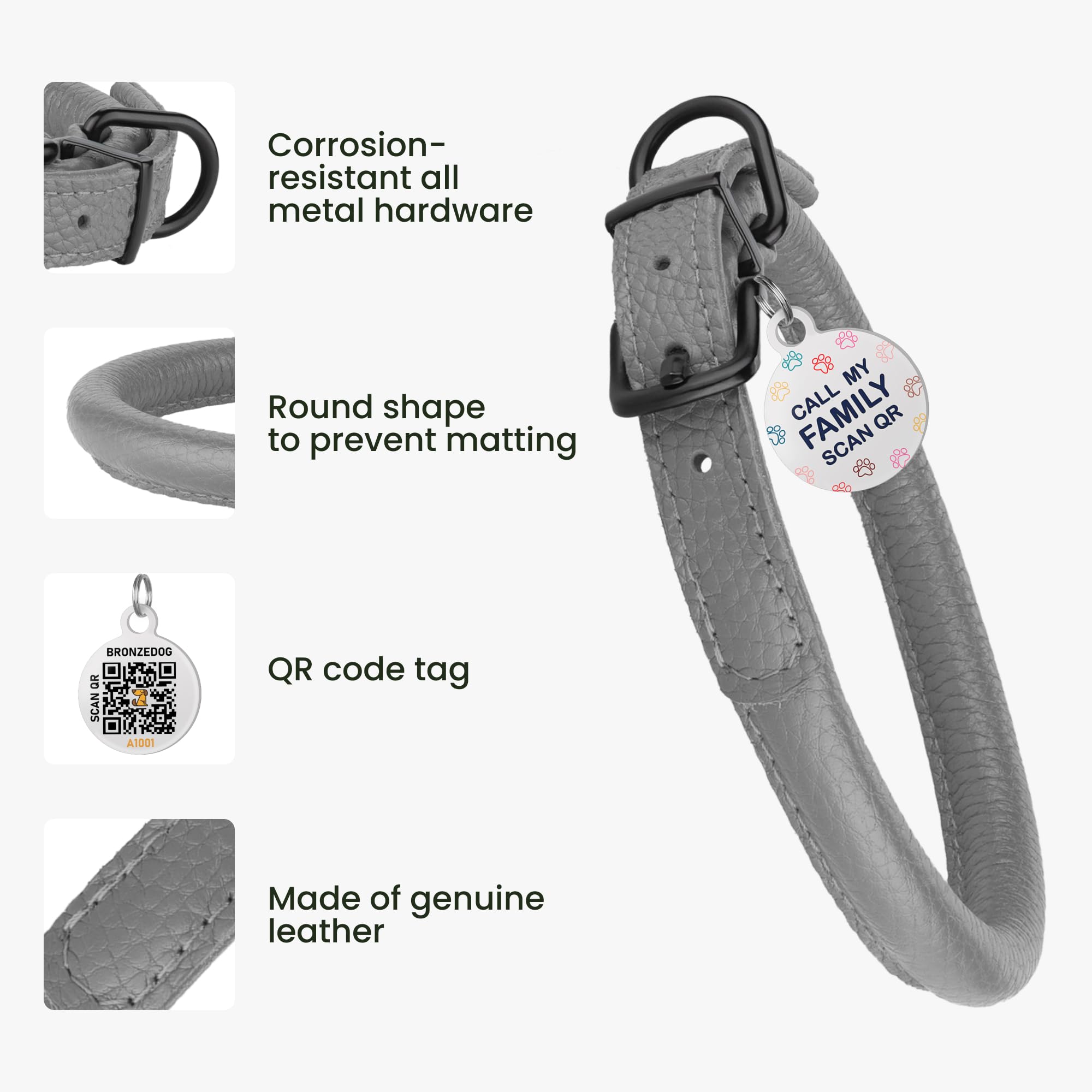 BRONZEDOG collar close-up highlights durable black hardware for outdoor adventures.