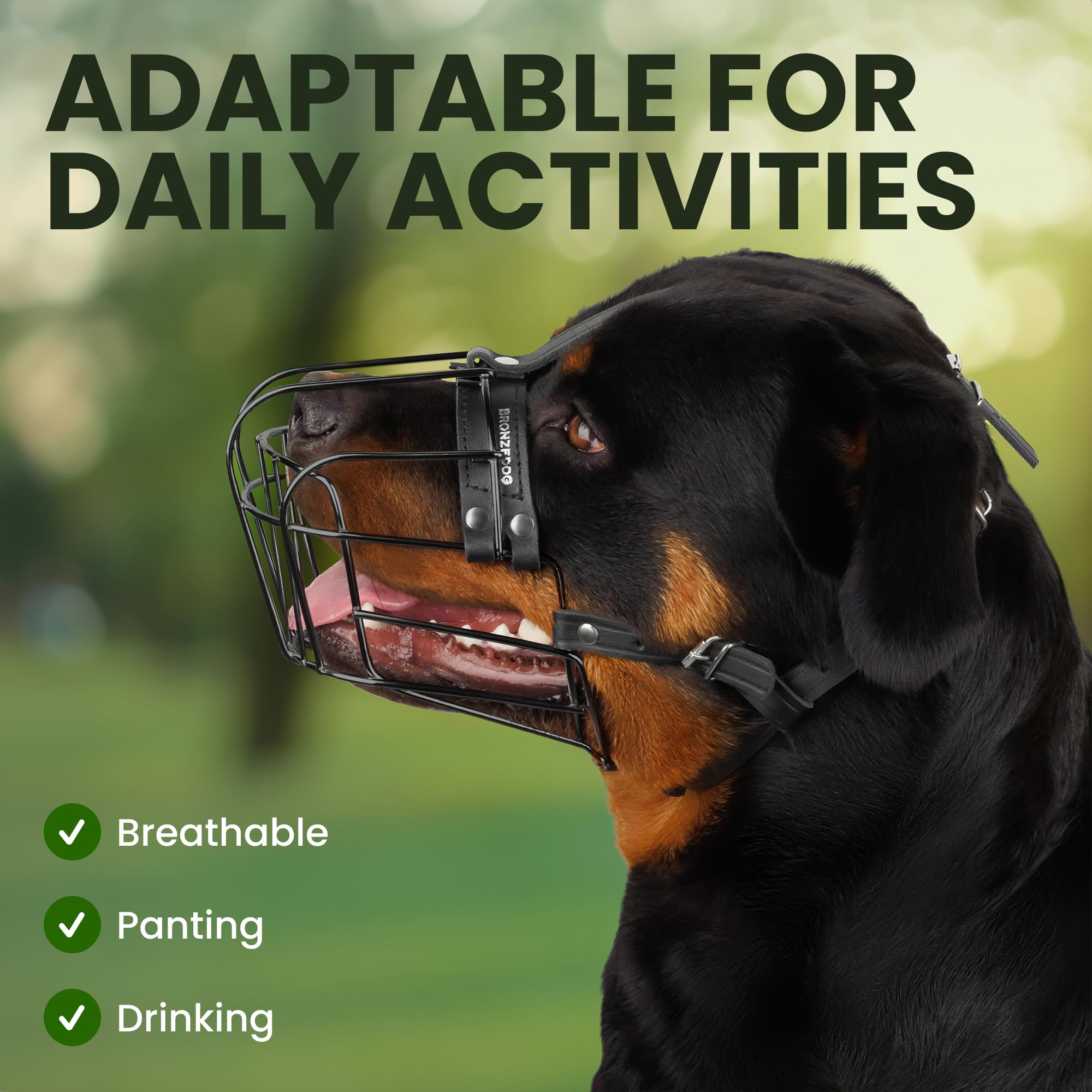 BRONZEDOG dog muzzle breathing and drinking view demonstrates breathable basket design.