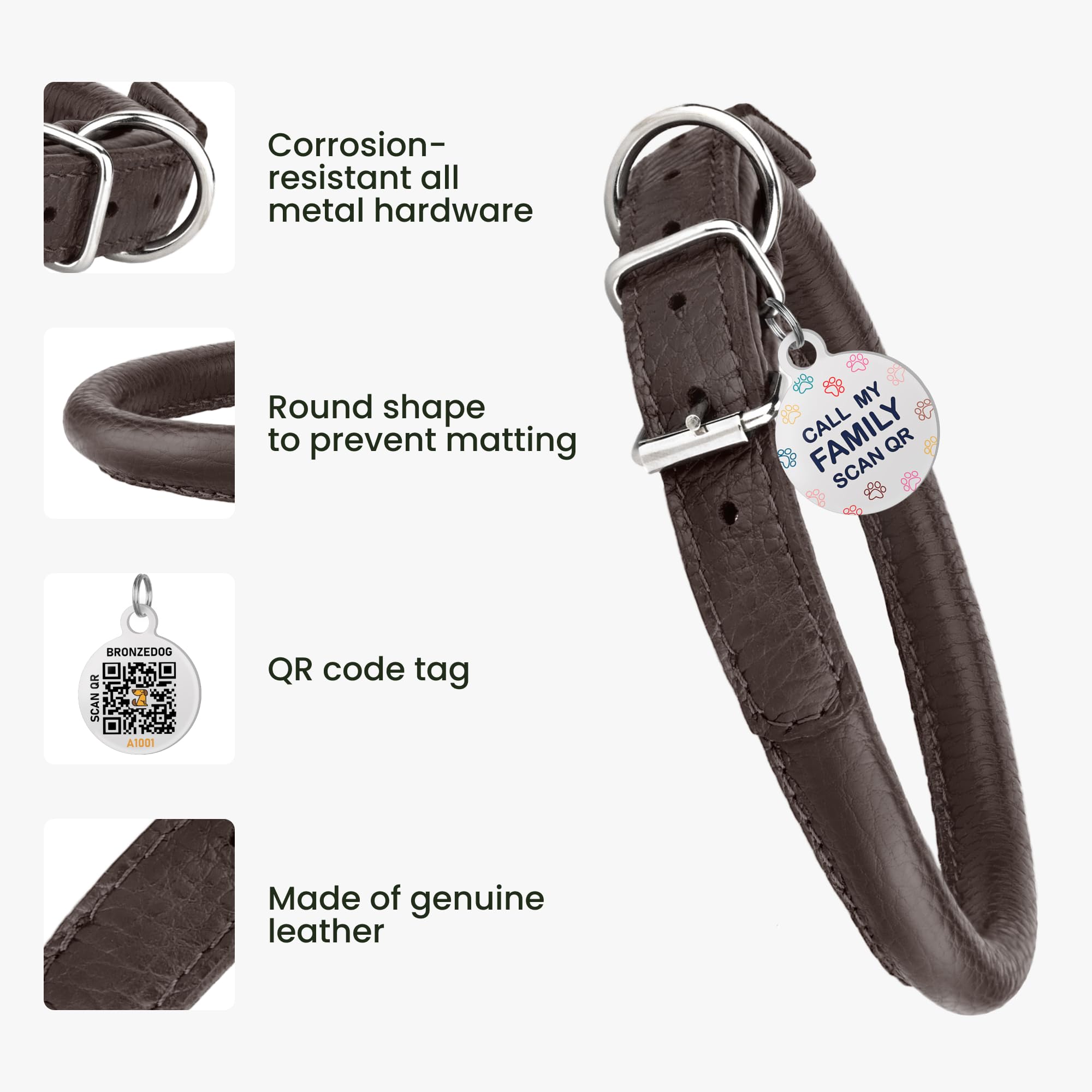 BRONZEDOG id-tag-on-collar closeup emphasizes secure identification for pets.