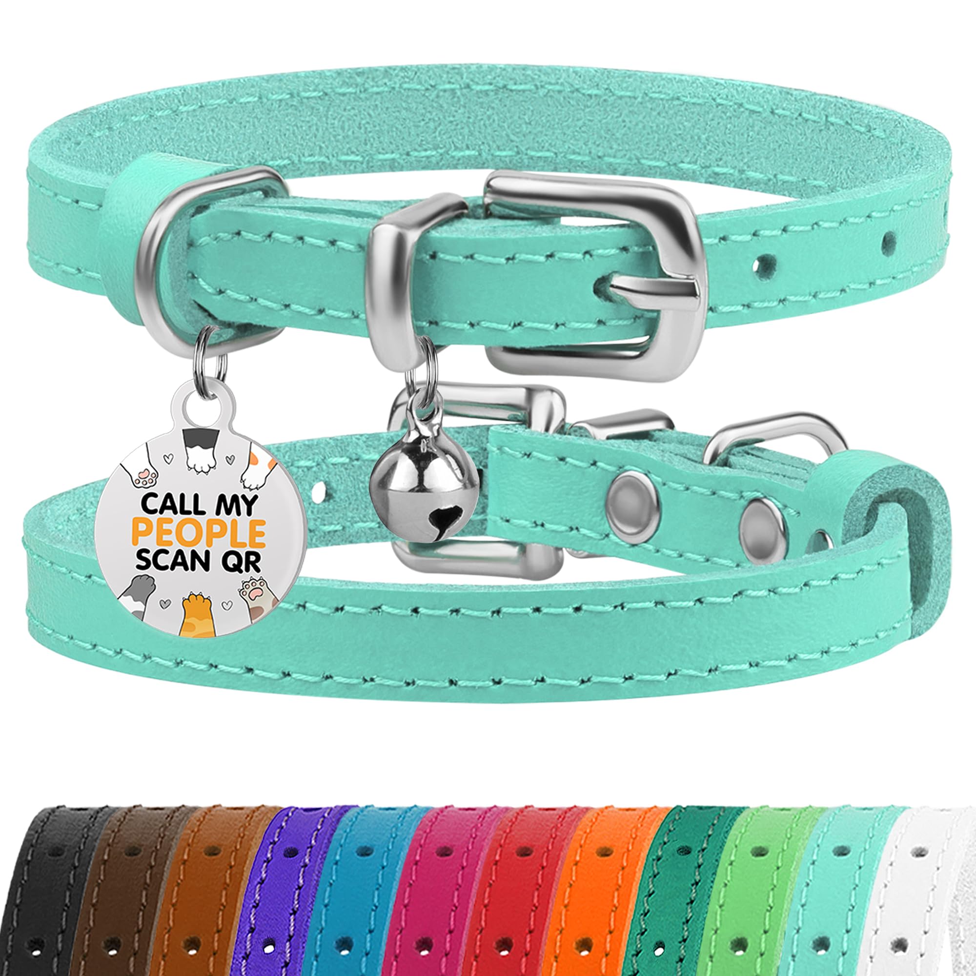 BRONZEDOG leather cat collar turquoise-silver strap offers comfortable indoor fit.