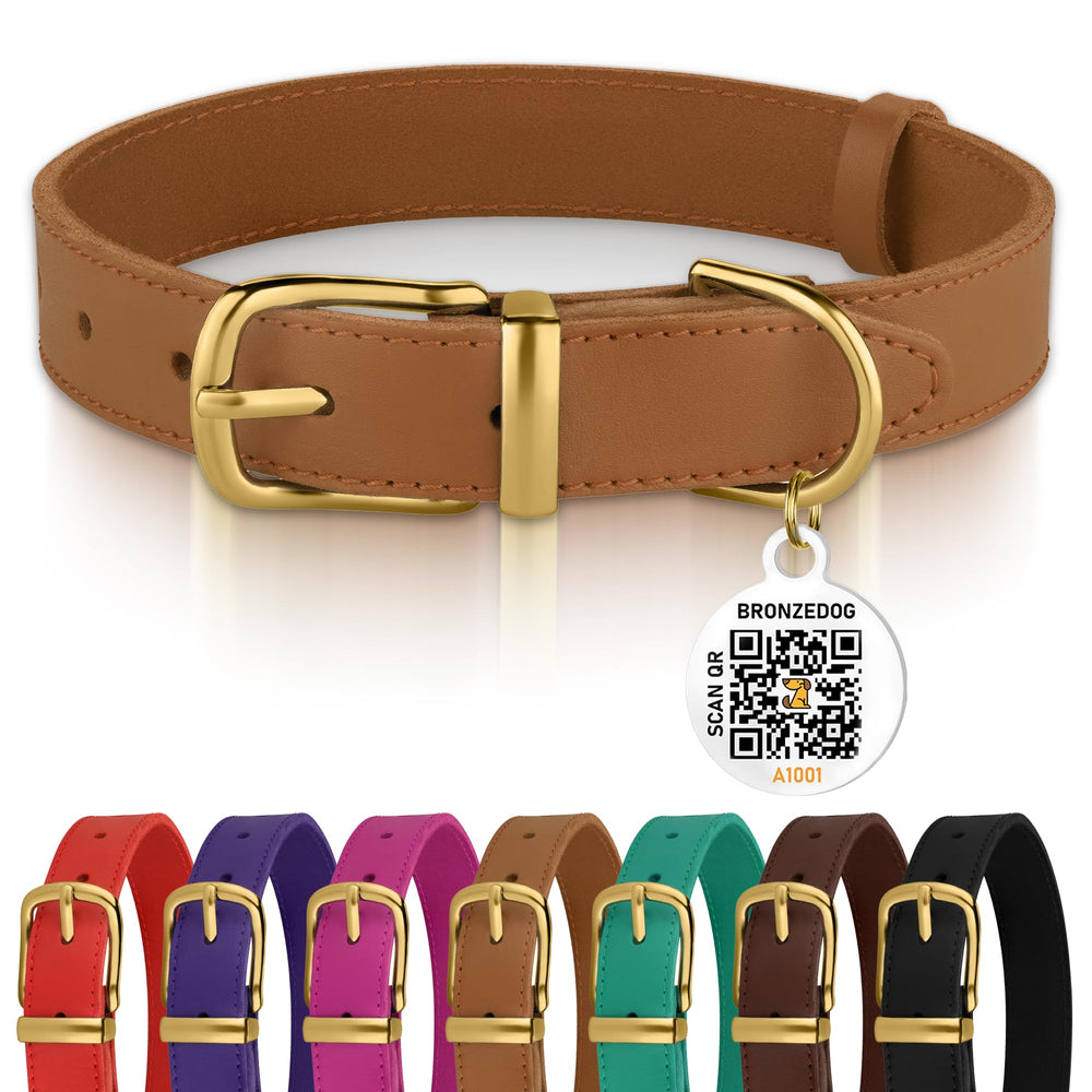 BRONZEDOG leather collar close-up shows genuine leather and gold buckle for daily wear