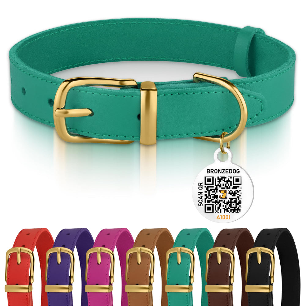 BRONZEDOG leather collar close-up with green and gold buckle for durable daily-walk wear.