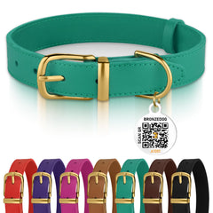 BRONZEDOG leather collar close-up with green and gold buckle for durable daily-walk wear.