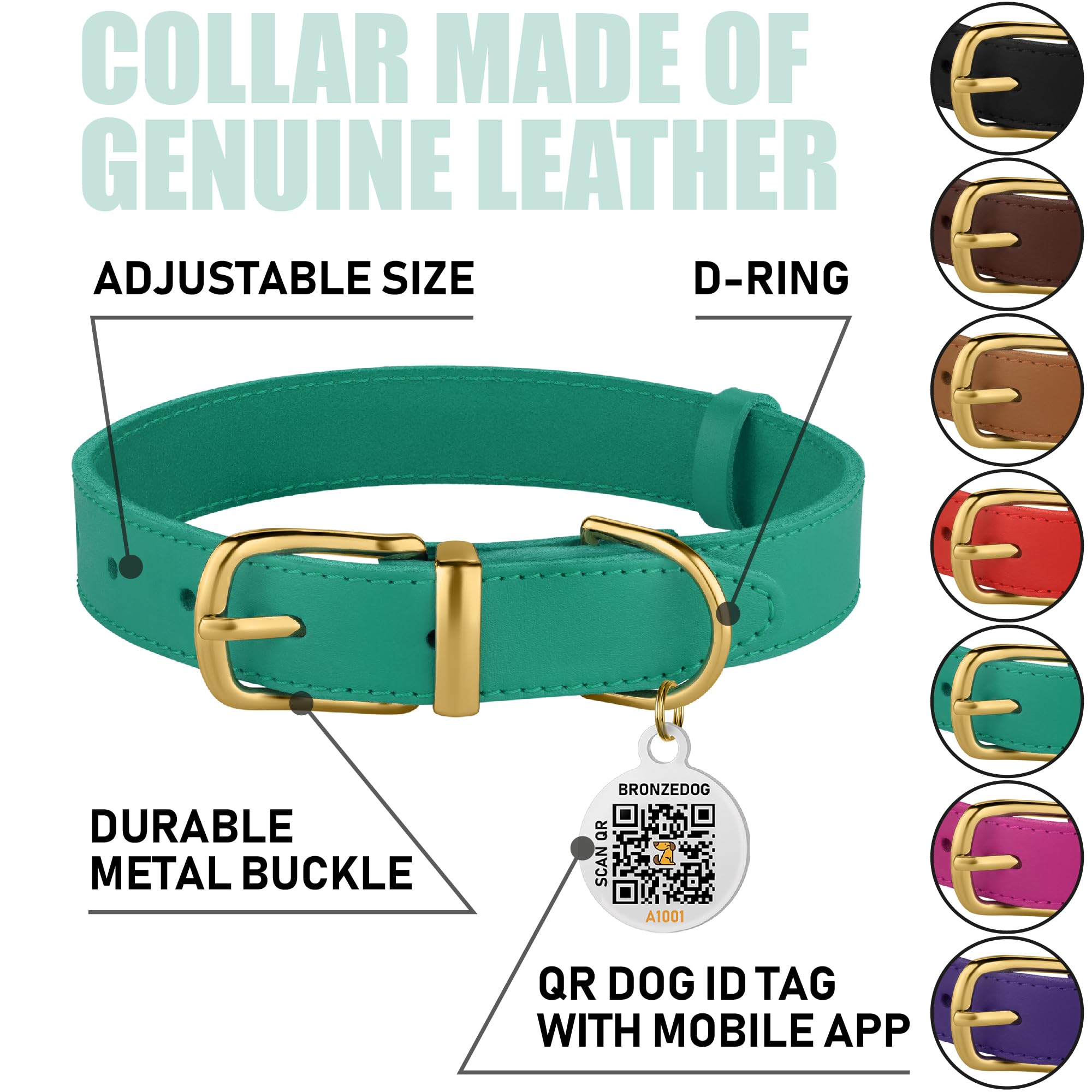 BRONZEDOG leather collar close-up highlights smooth texture for comfortable everyday wear.