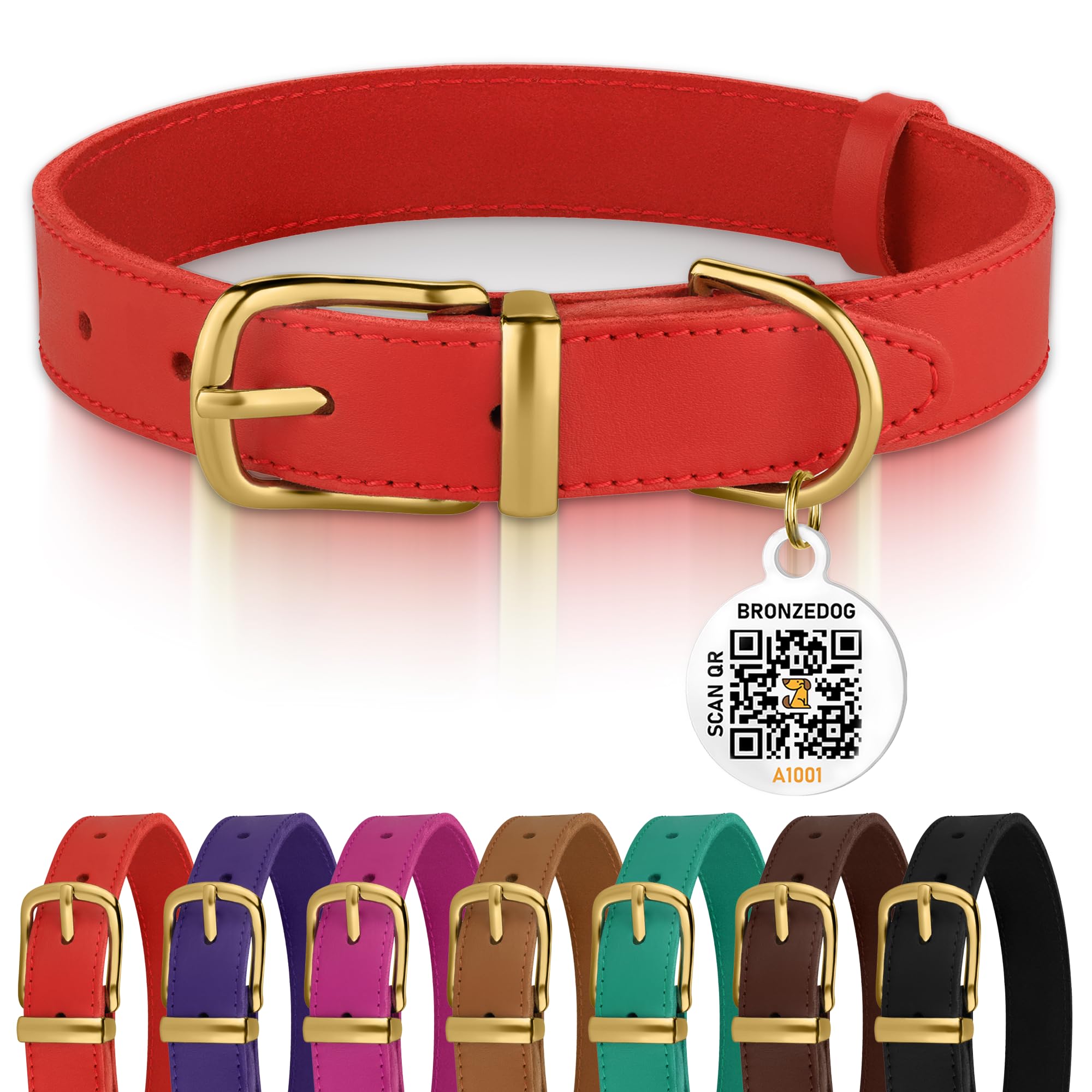 BRONZEDOG leather dog collar with metal buckle in red and gold for durable daily wear.