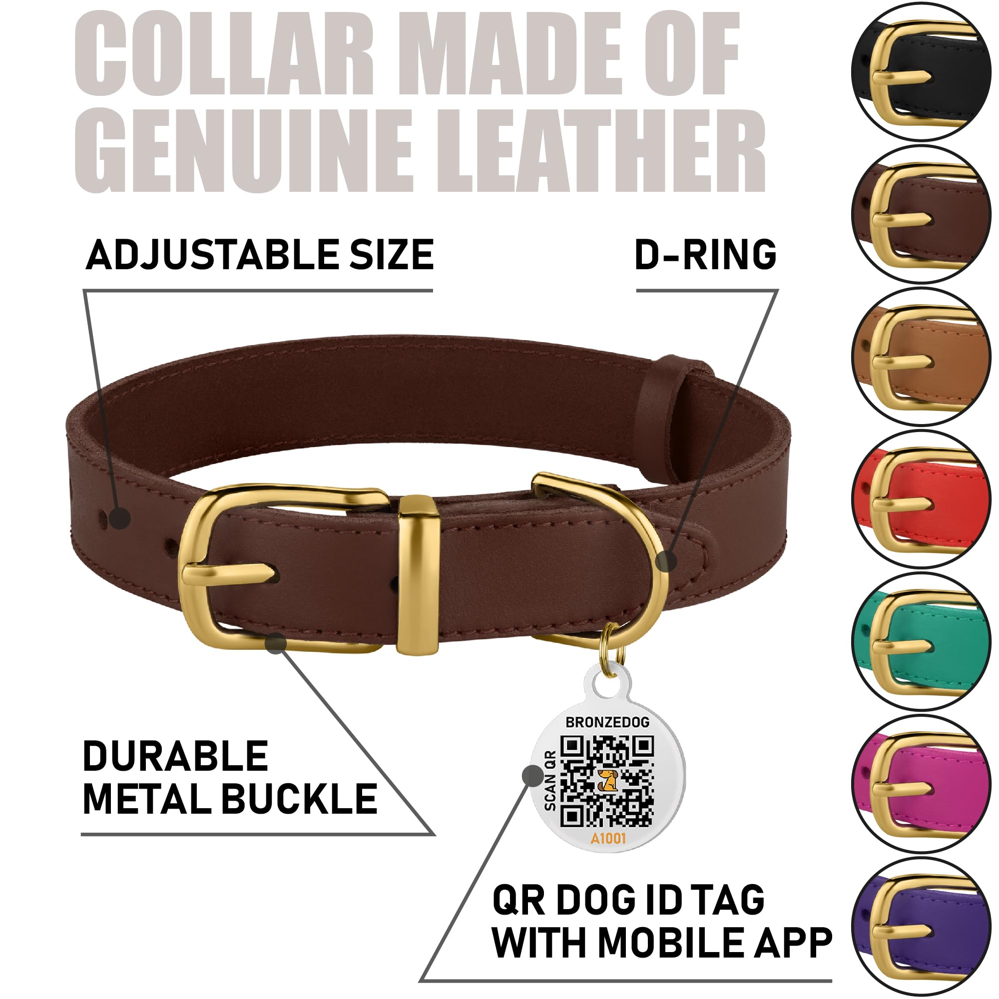 BRONZEDOG collar with sturdy metal hardware for reliable walks